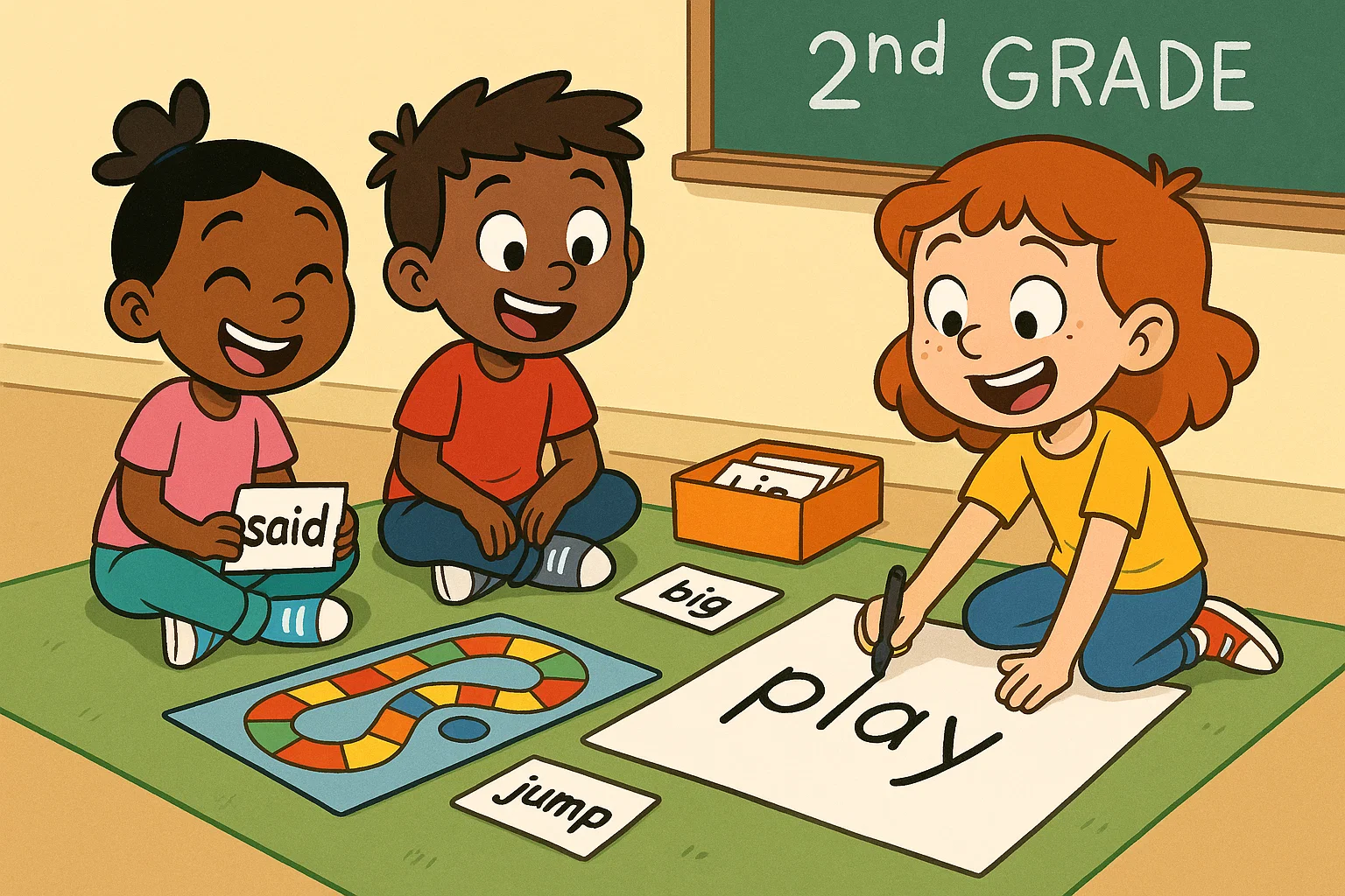 Cartoon of three 2nd grade children playing an engaging sight word activity game in a fun and colorful learning environment.
