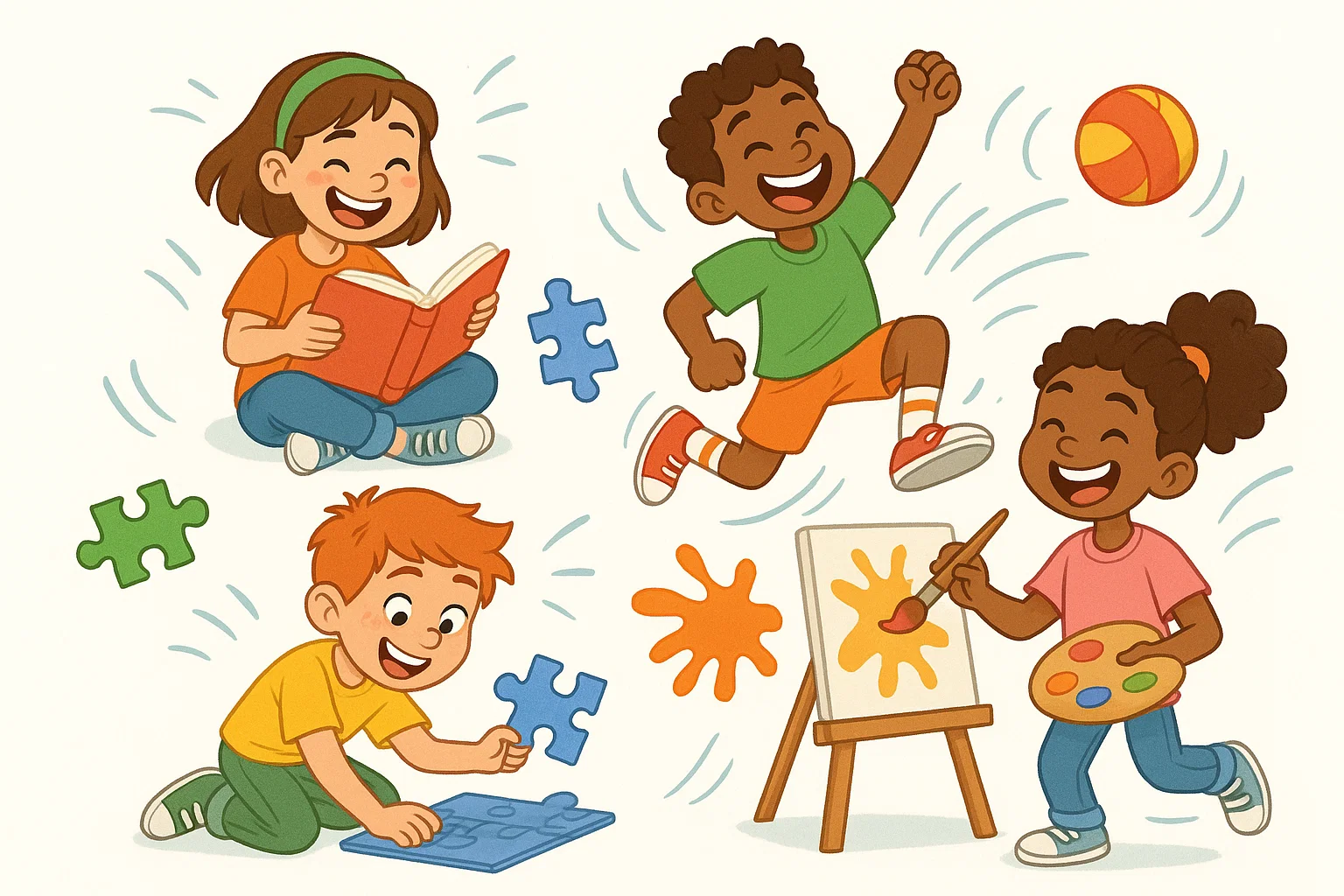 Cartoon of activities age 10 11 year 6 with students doing creative and learning tasks.