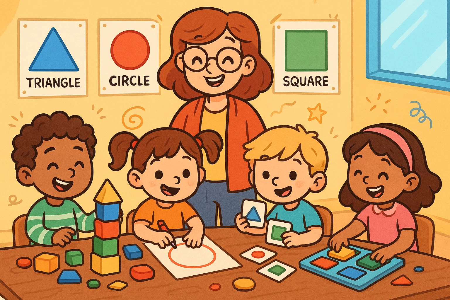 Children doing fun activities for teaching shapes with blocks and tracing in a classroom.