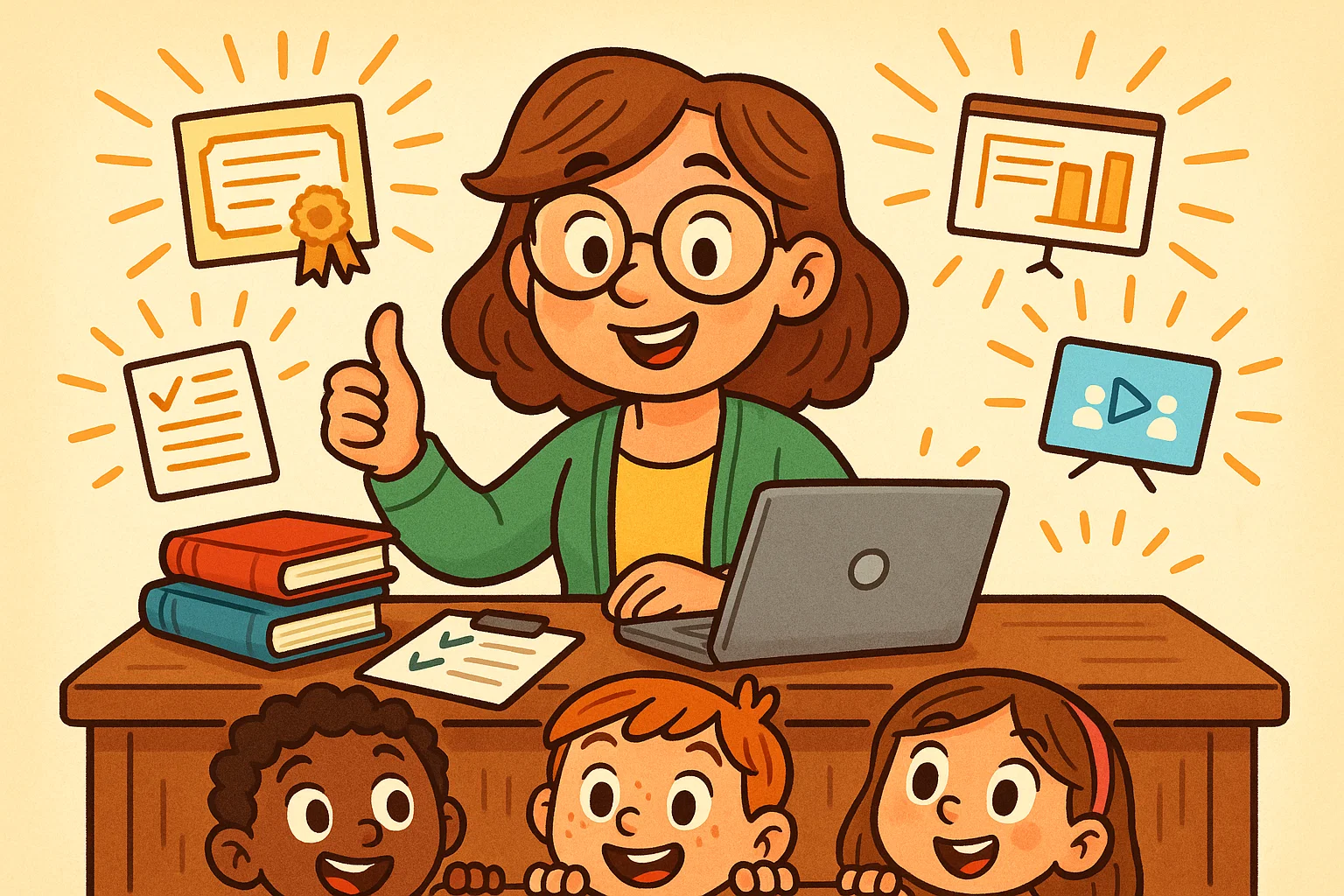 Cartoon teacher using additional teacher resources for graduation with books and tools.