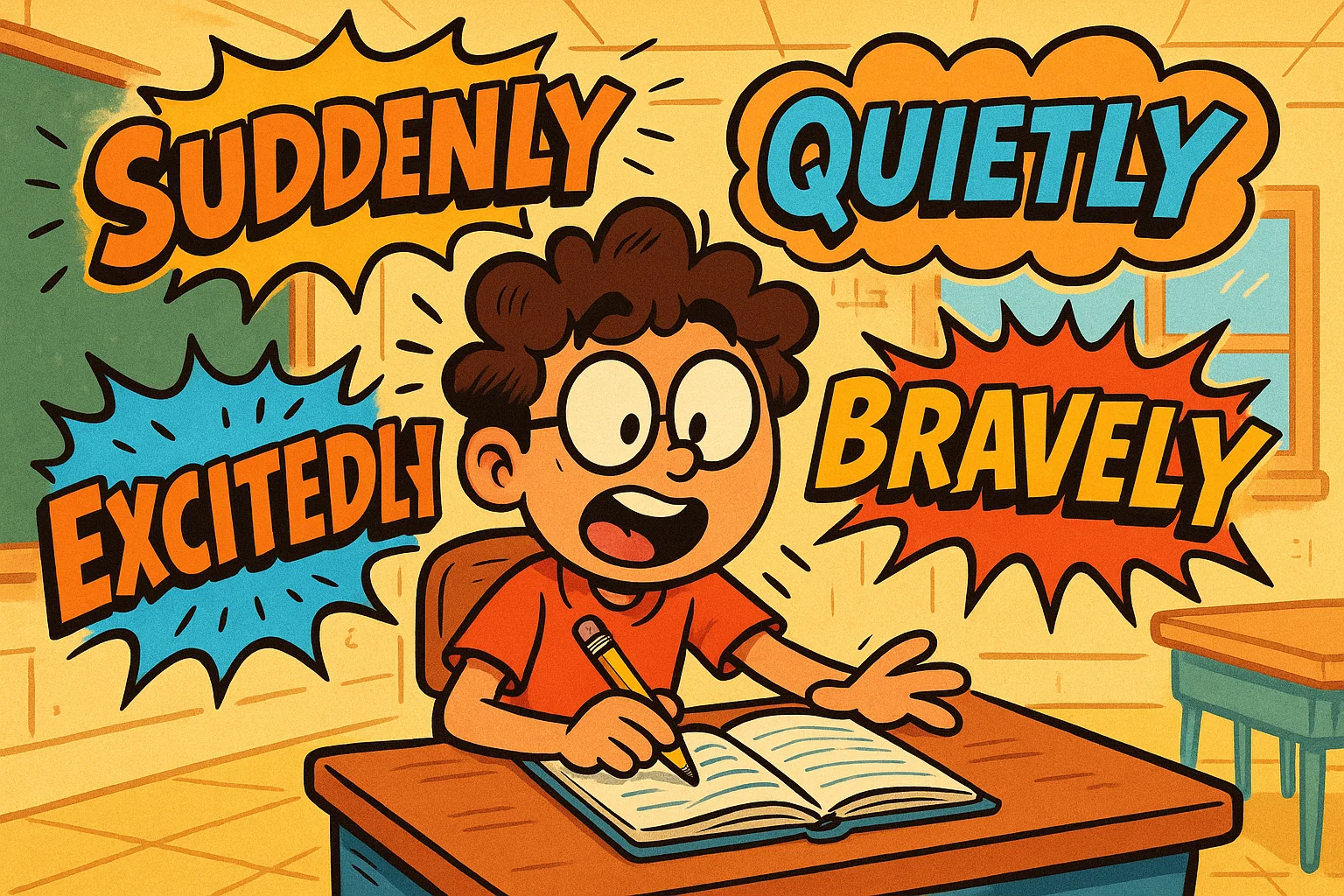 Adverb story starters grade 5 cartoon with dramatic adverbs floating around a student.