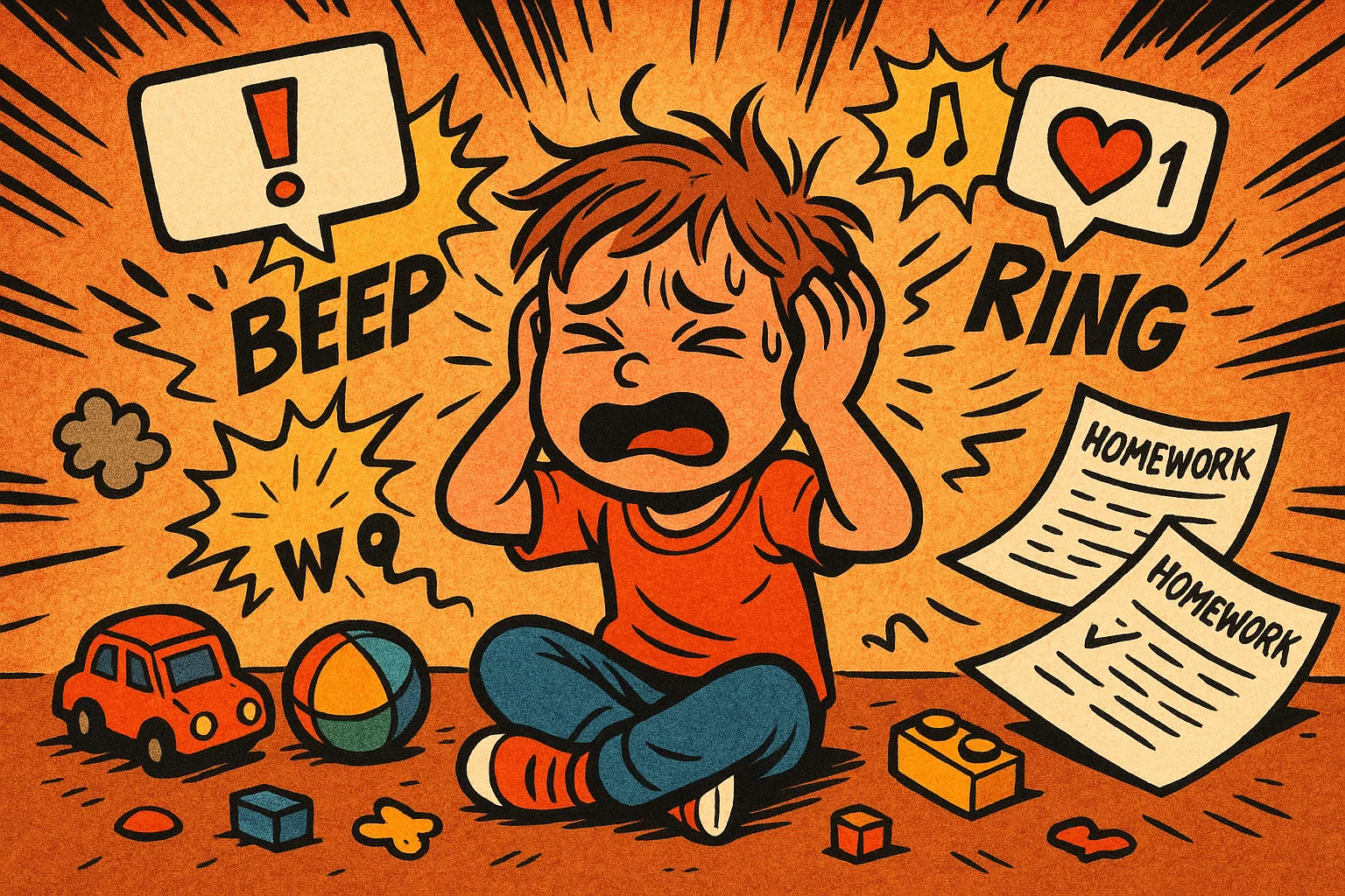 After school meltdown triggers cartoon showing stress and noisy surroundings.