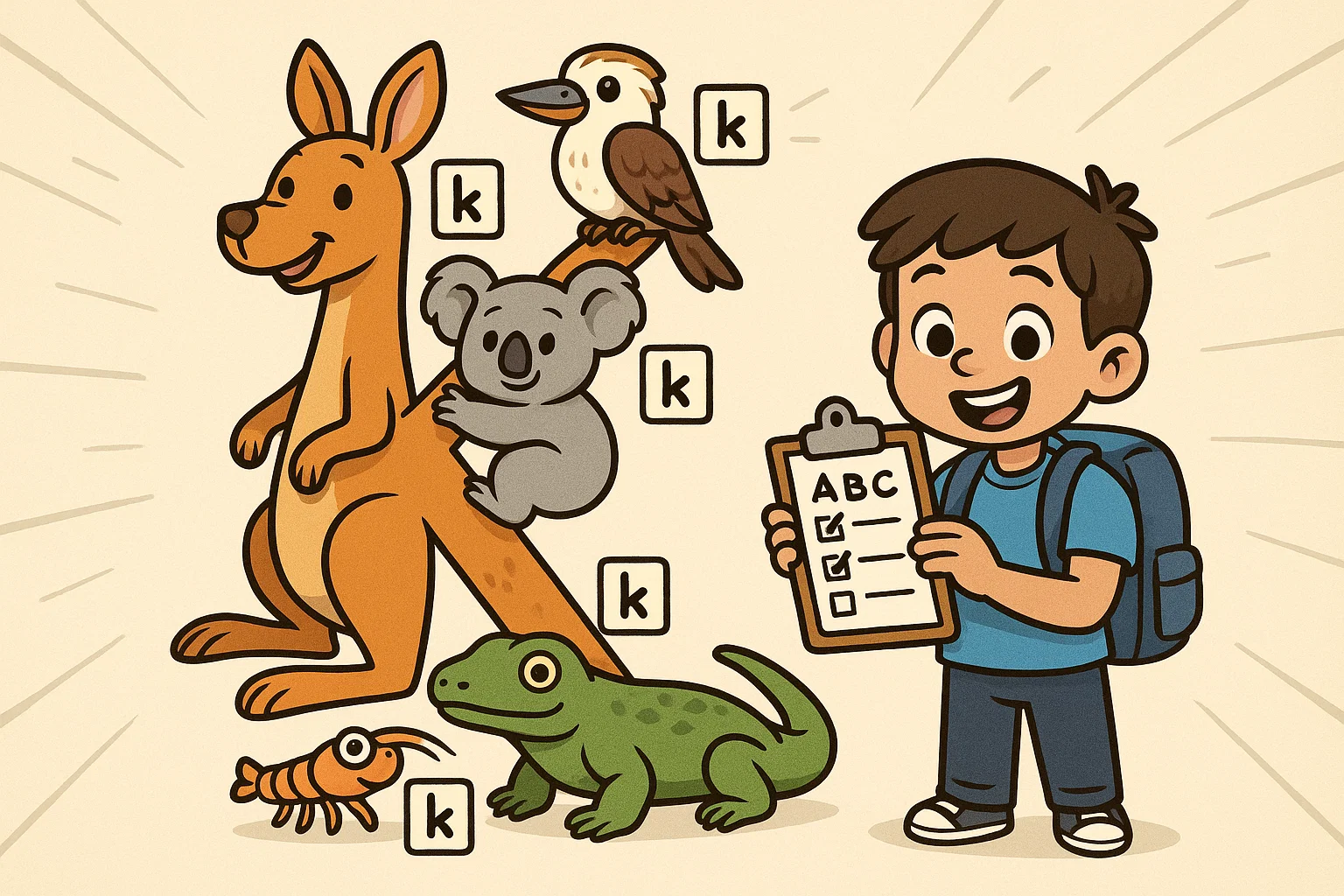 Cartoon scene showing an alphabetical list of animals that start with k.
