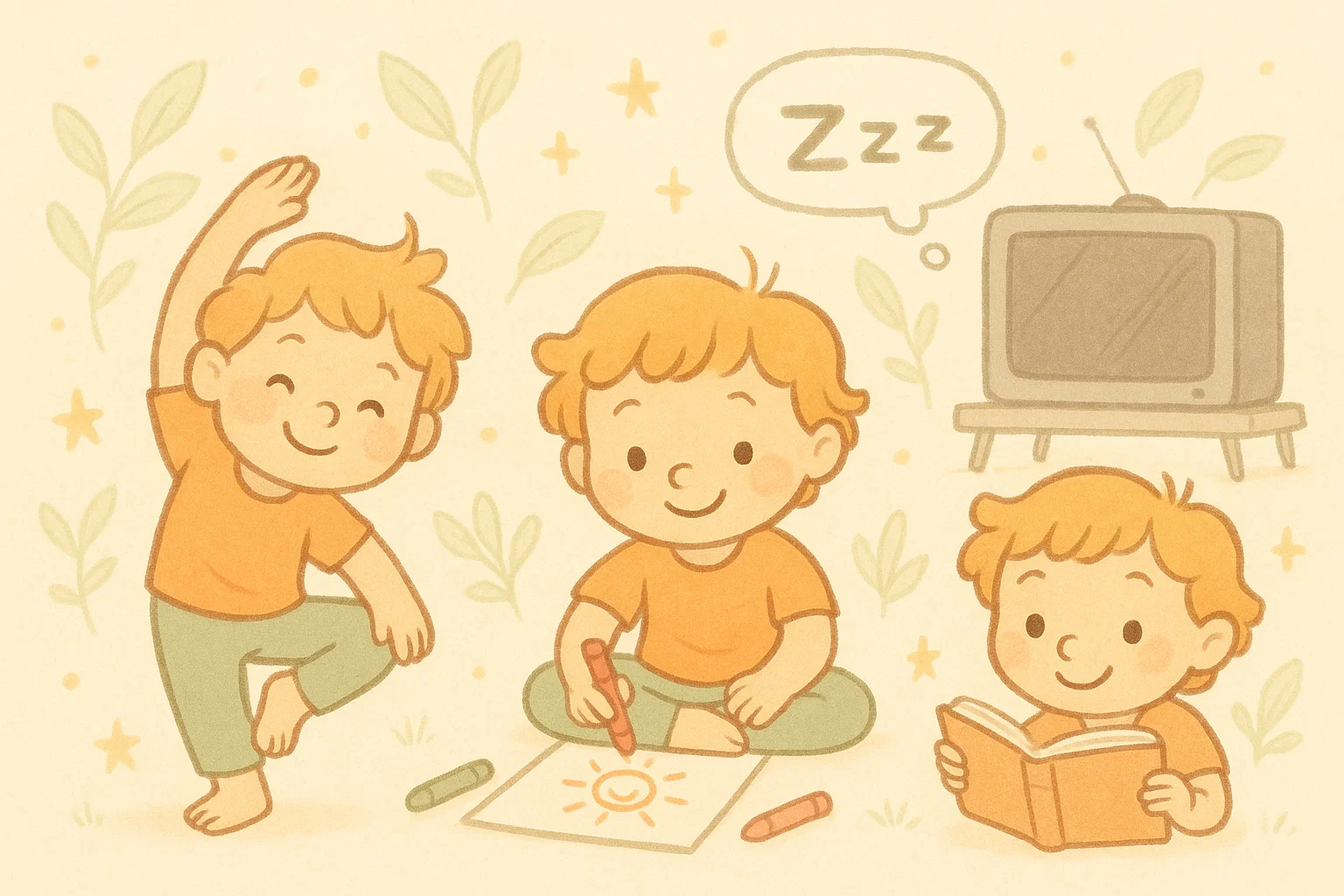 Alternatives to screen relaxation showing kid reading and doing calm creative activities.
