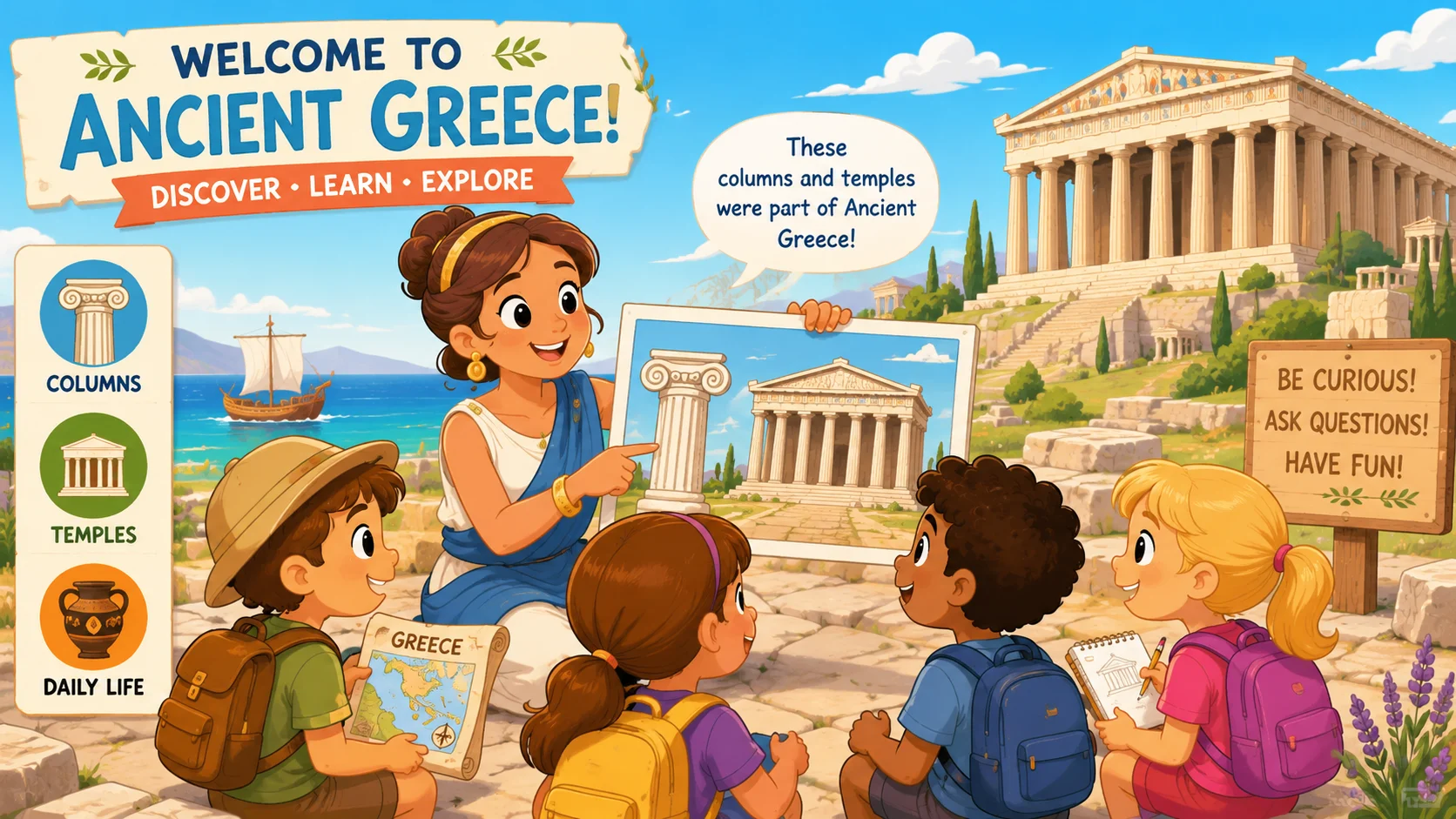 Ancient Greece facts for 5-year-olds with kids exploring temples and columns. 
