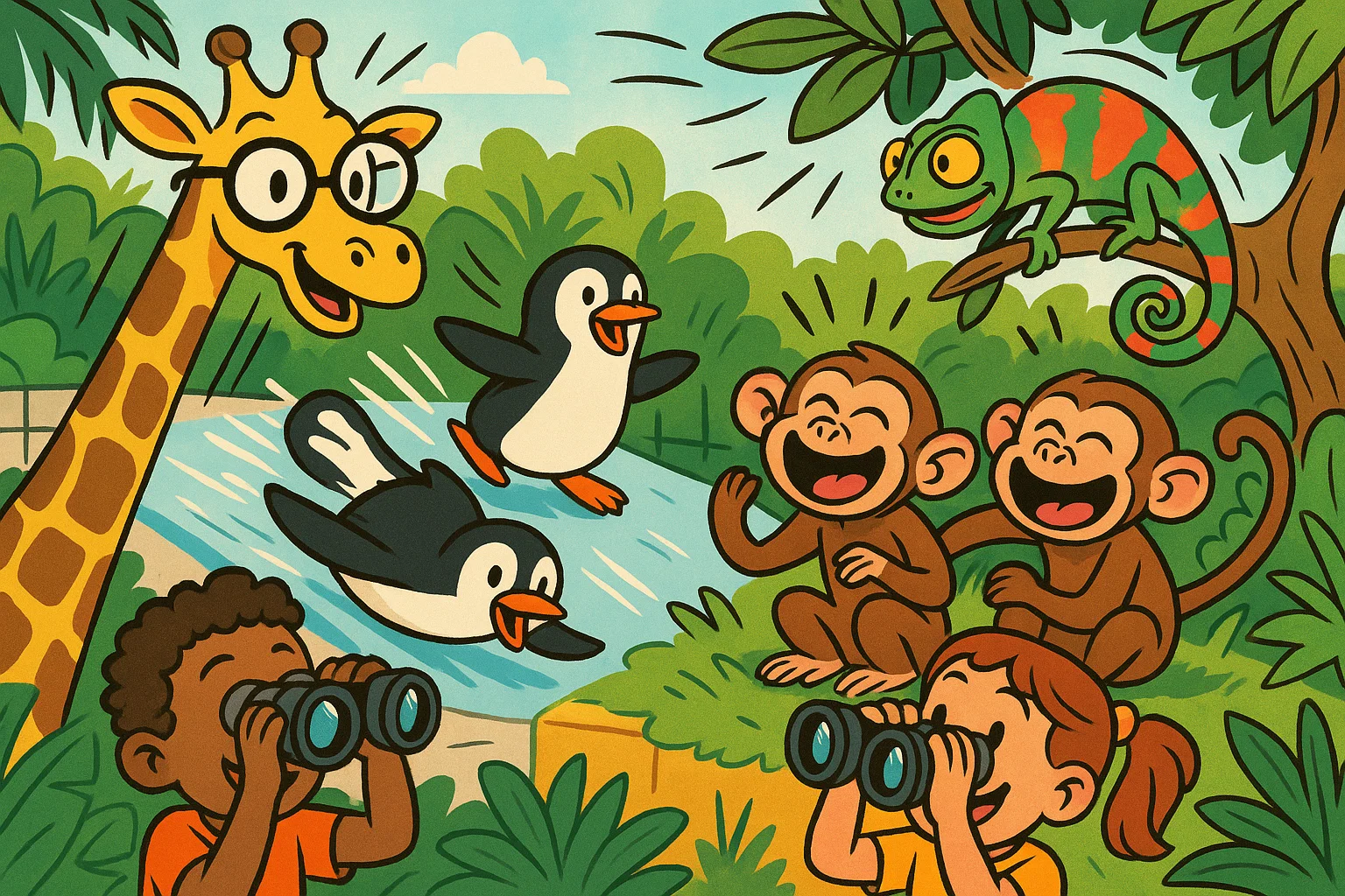 Playful cartoon of animals and kids learning amazing animal facts.