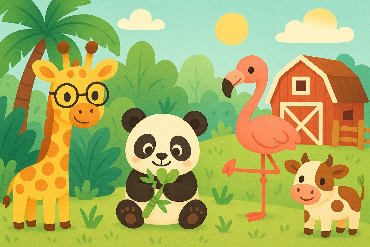 Cartoon animals presenting fun facts for kindergarten children in bright colors.