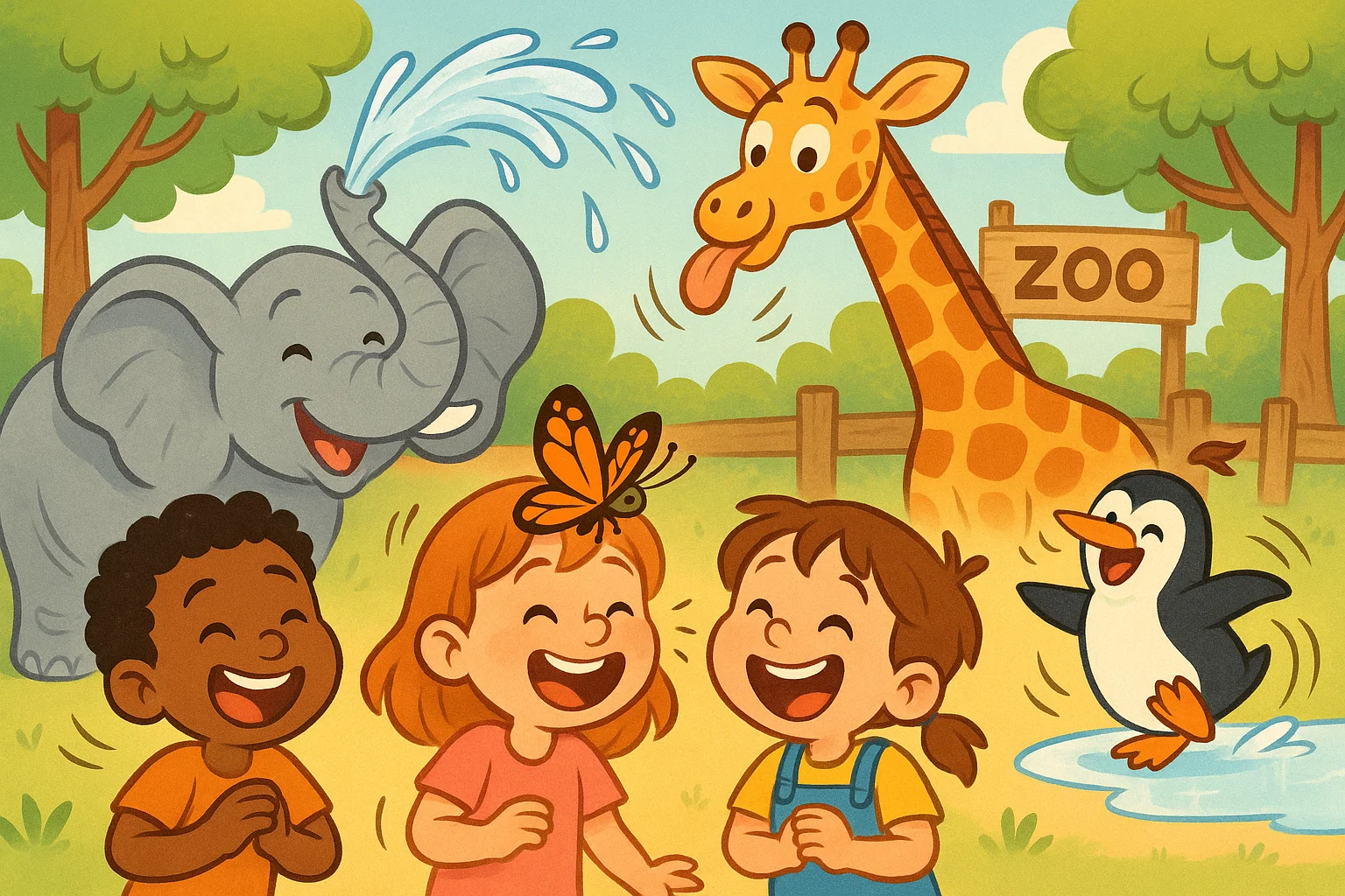 Preschoolers exploring animal fun facts at a colorful cartoon zoo with happy animals.