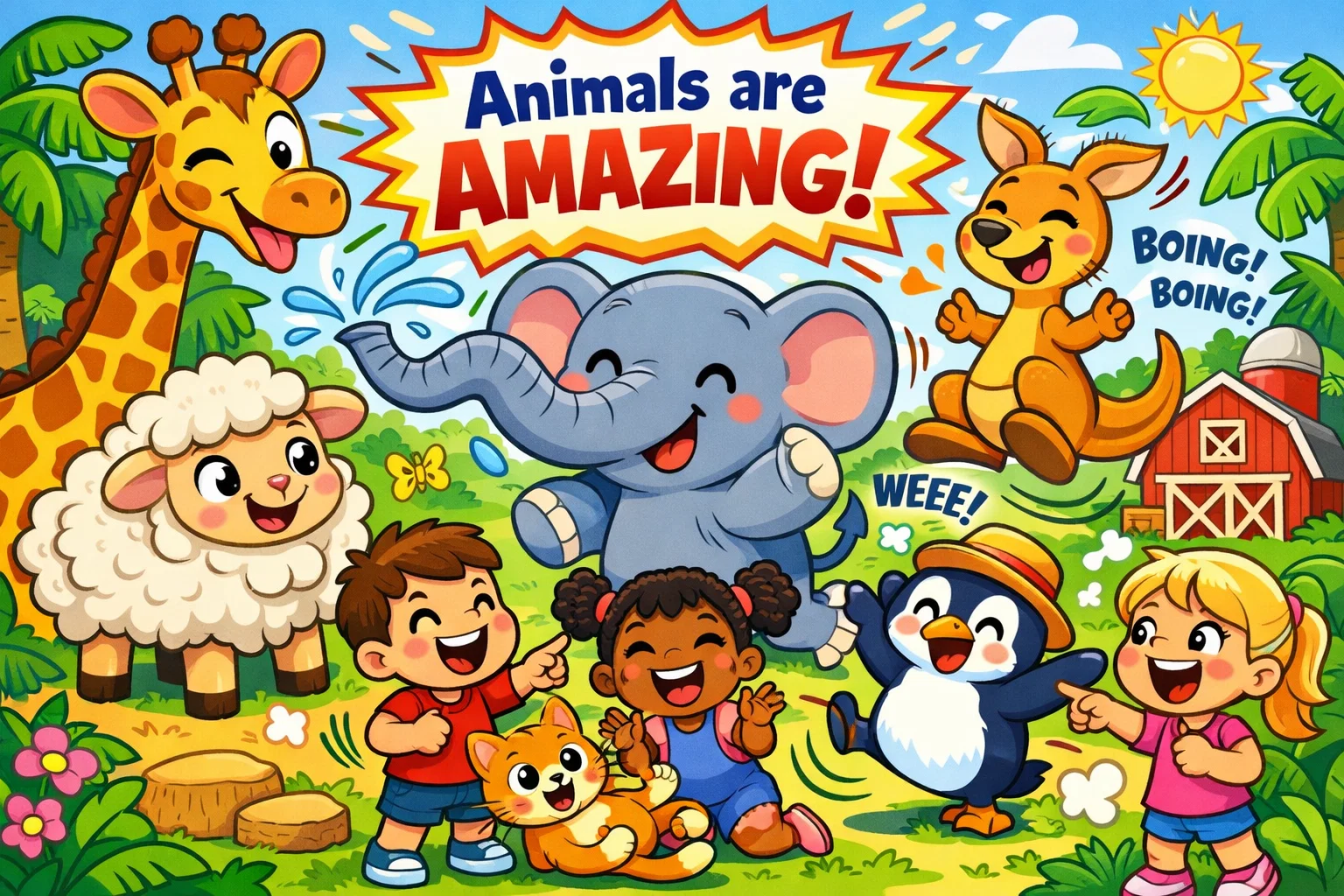 Preschool children amazed by fun animal facts featuring giraffes, penguins, and other animals.
