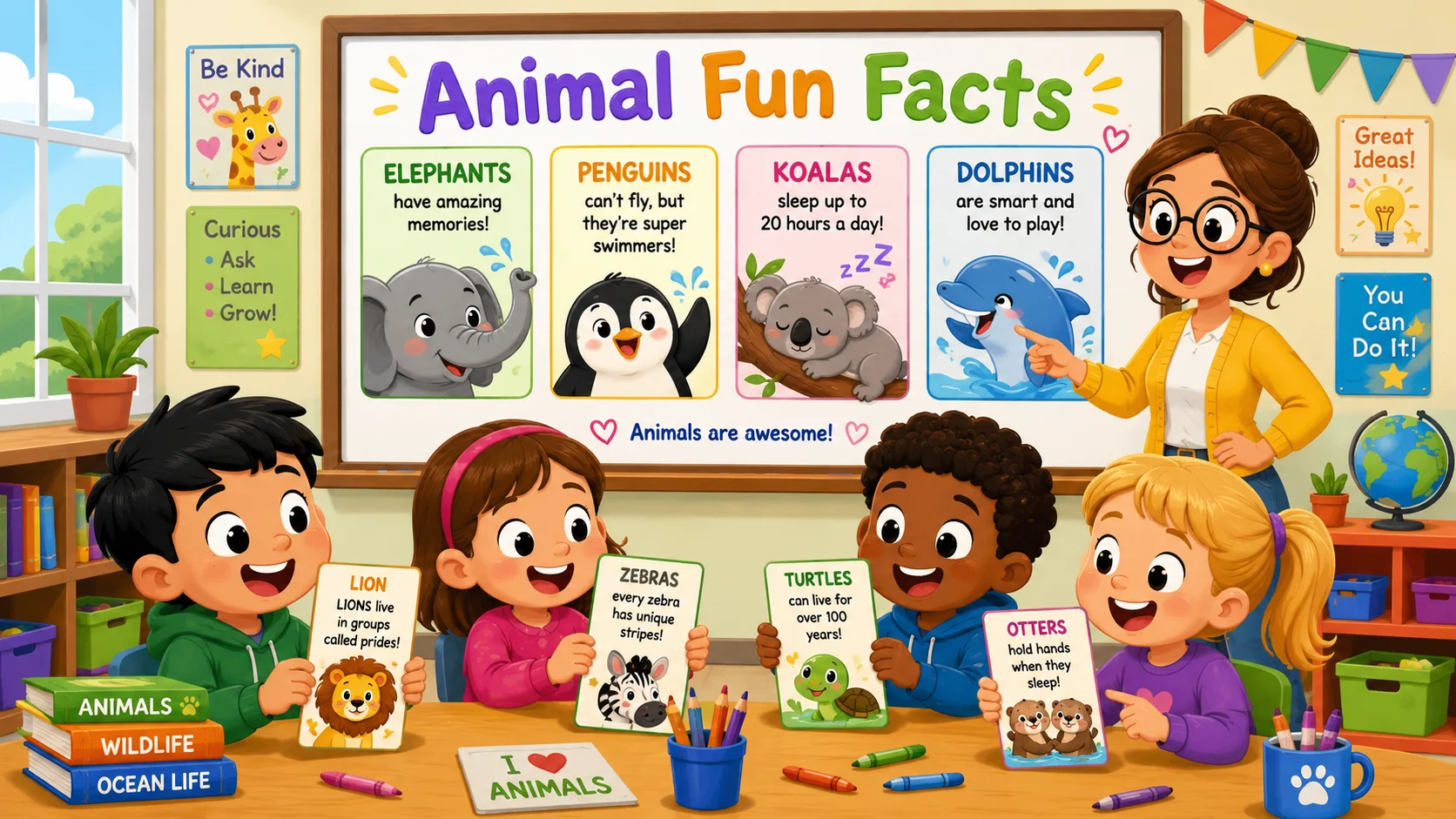 Animal fun facts kids classroom with teacher and animal cards. 
