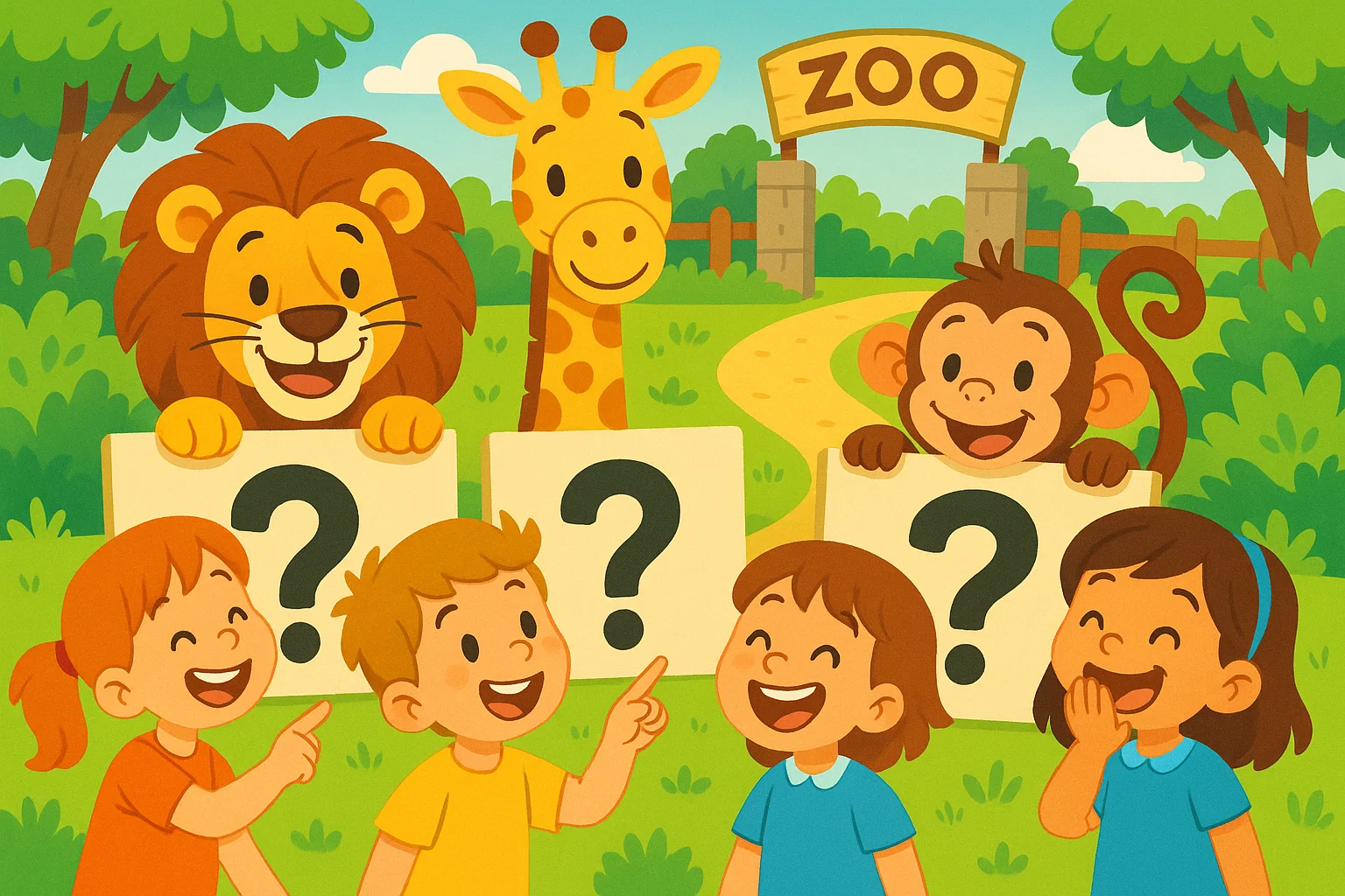 Children enjoying animal riddles for 5 year olds with friendly cartoon zoo animals.
