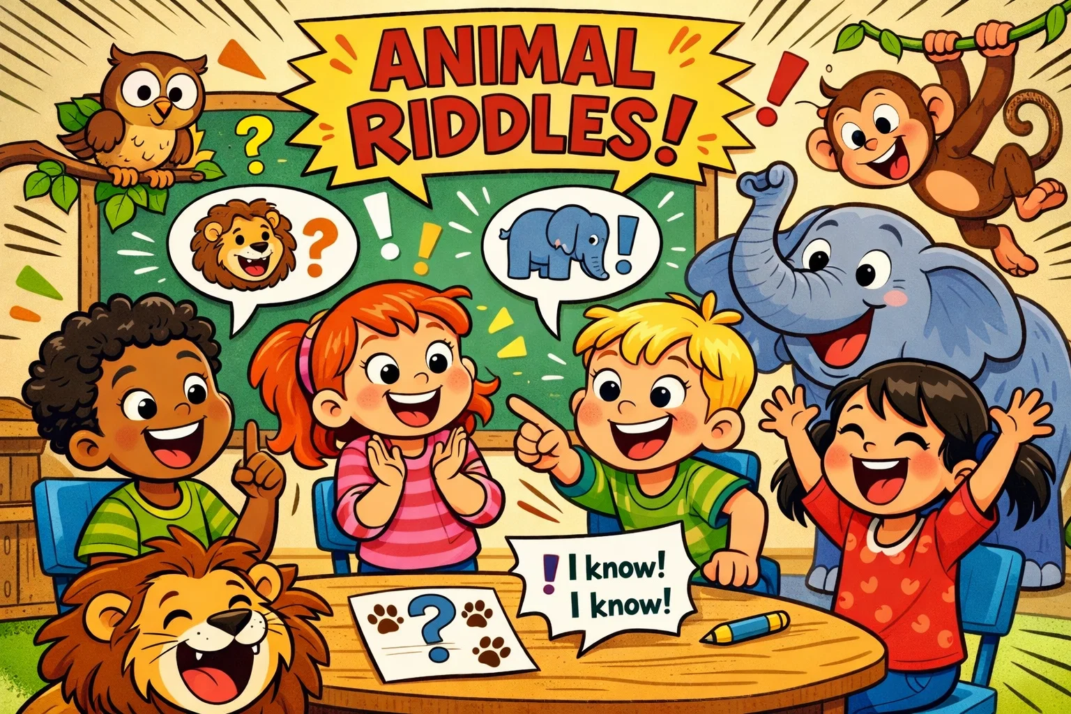 Animal riddles for 6 year olds with kids and cartoon animals.
