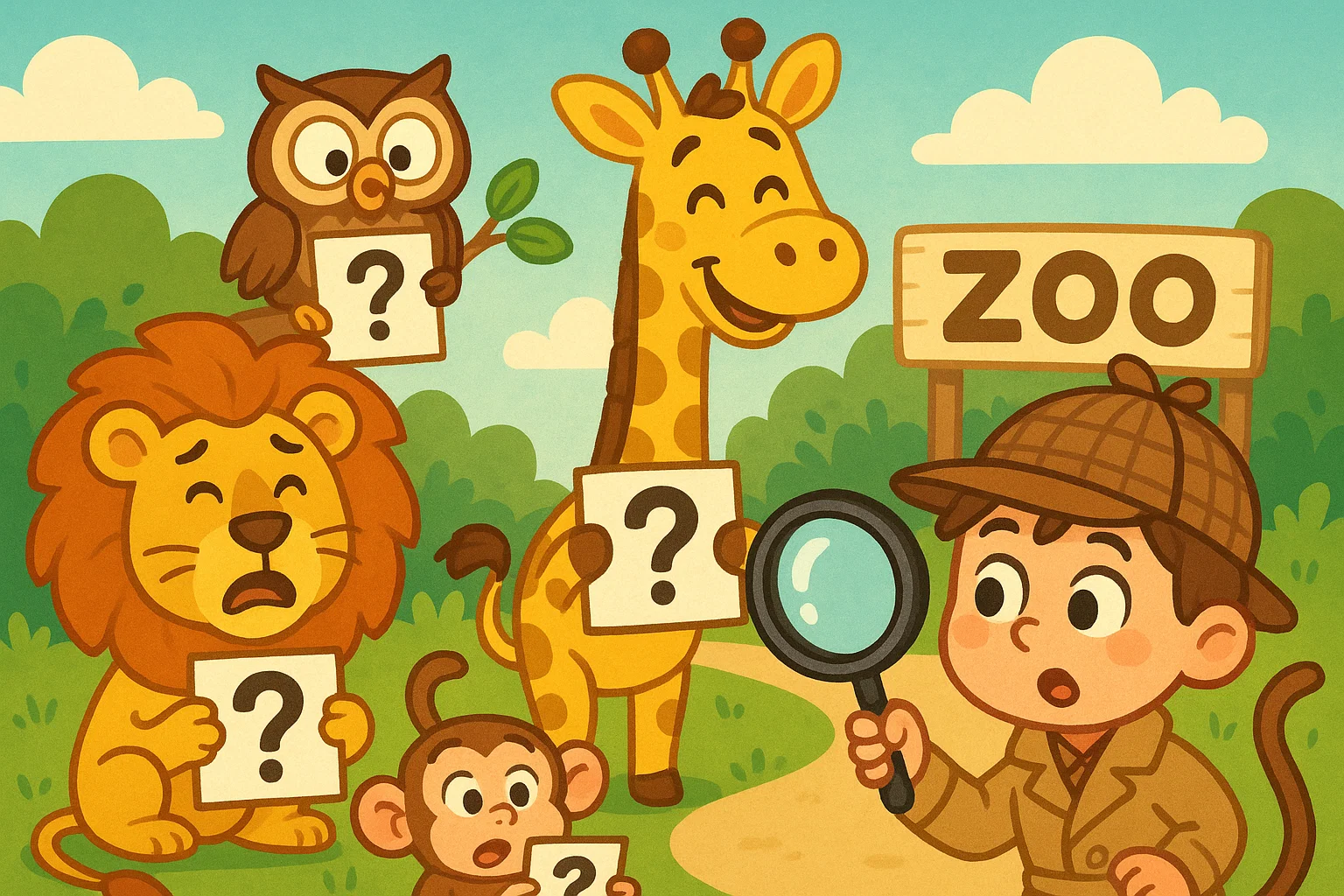 Cartoon animals with riddle cards for 8 year olds creating fun animal riddles.