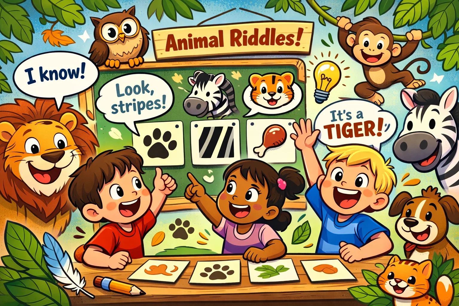 Animal riddles for 9 year olds with answers with kids and cartoon animals.
