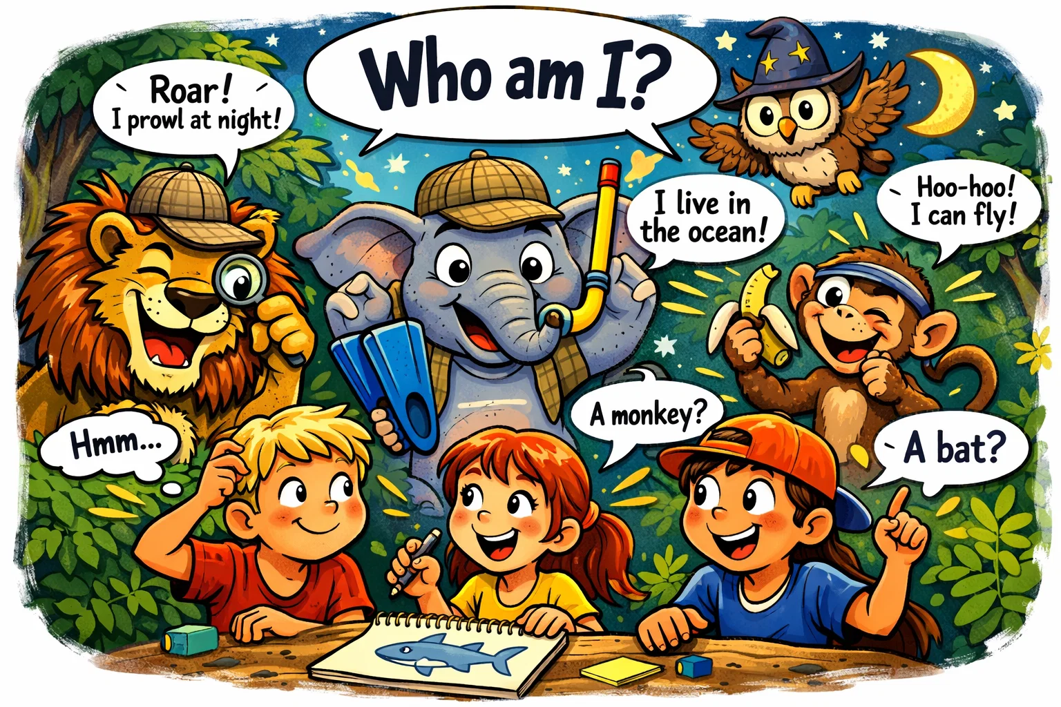 Animal riddles for kids with animals giving clues and kids guessing. 