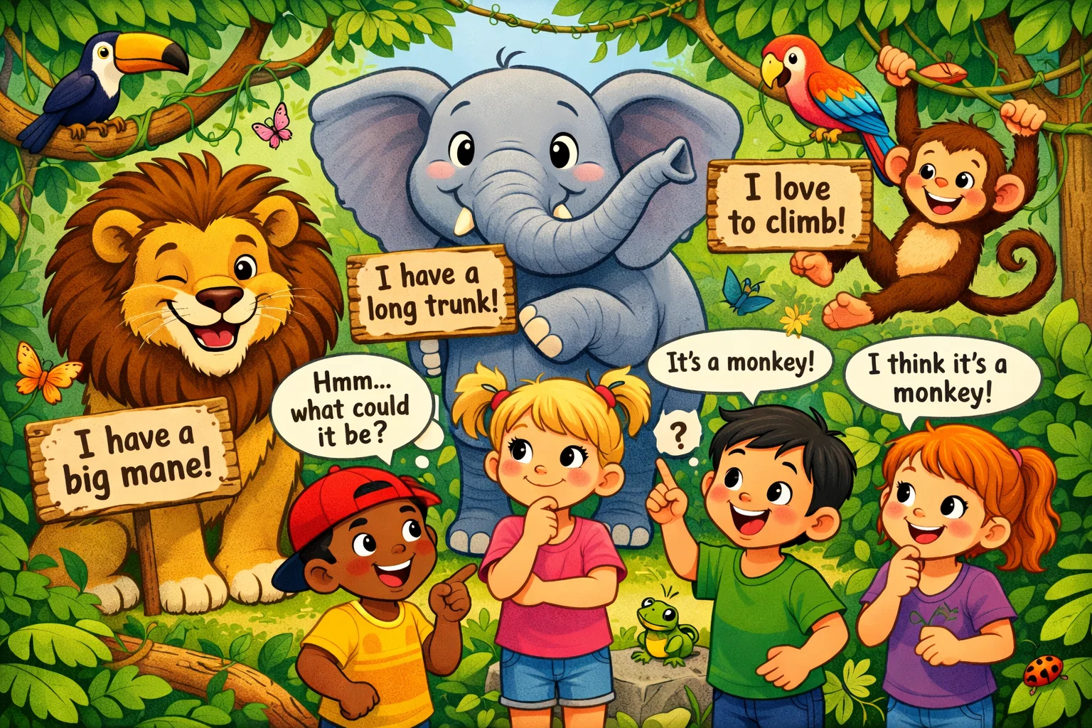 Cartoon of children solving animal riddles with a lion, monkey, and elephant, full of fun and excitement.
