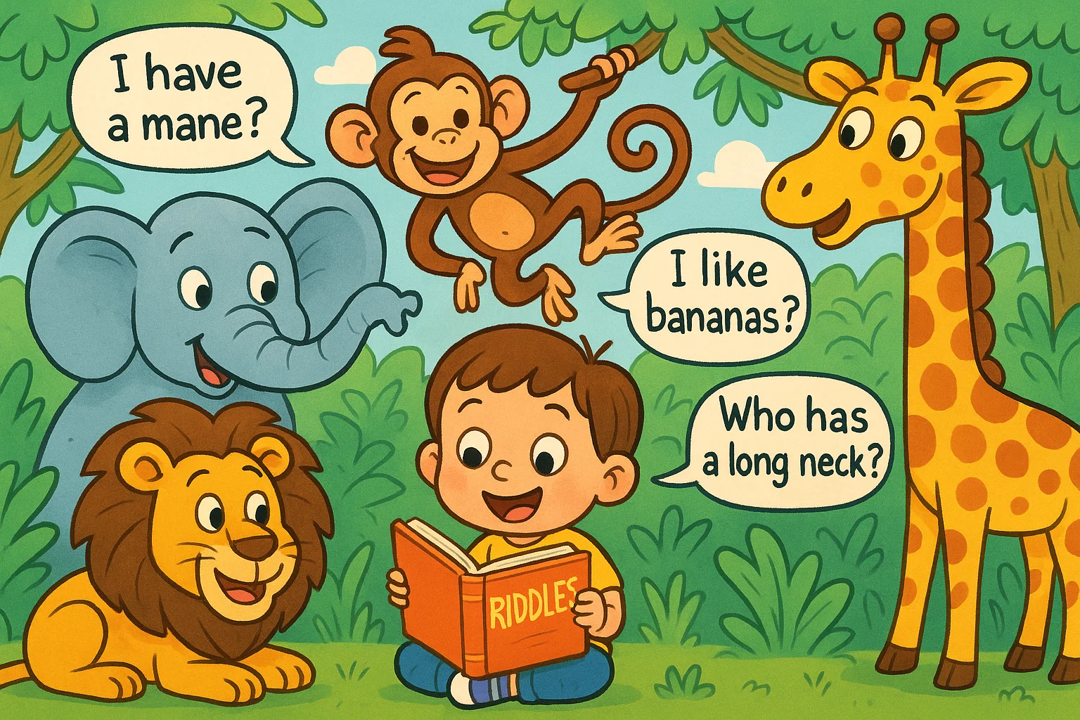 Cartoon jungle scene with animals and preschoolers solving animal riddles.
