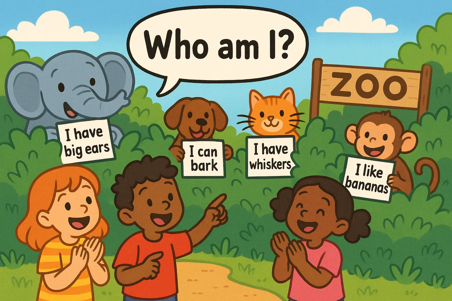 Kids solving animal riddles for preschoolers with cute zoo animals holding riddle cards.
