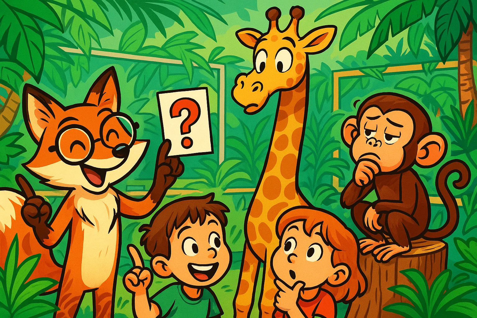  Tweens guessing animal riddles with cute cartoon animals.
