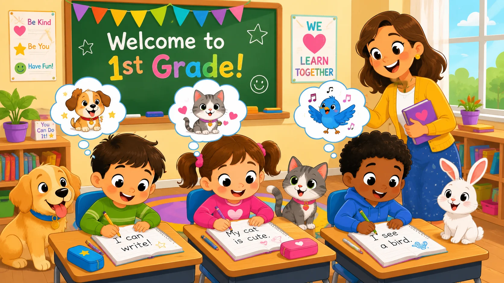  Animal writing prompts in a first grade classroom with kids and cute animals. 
