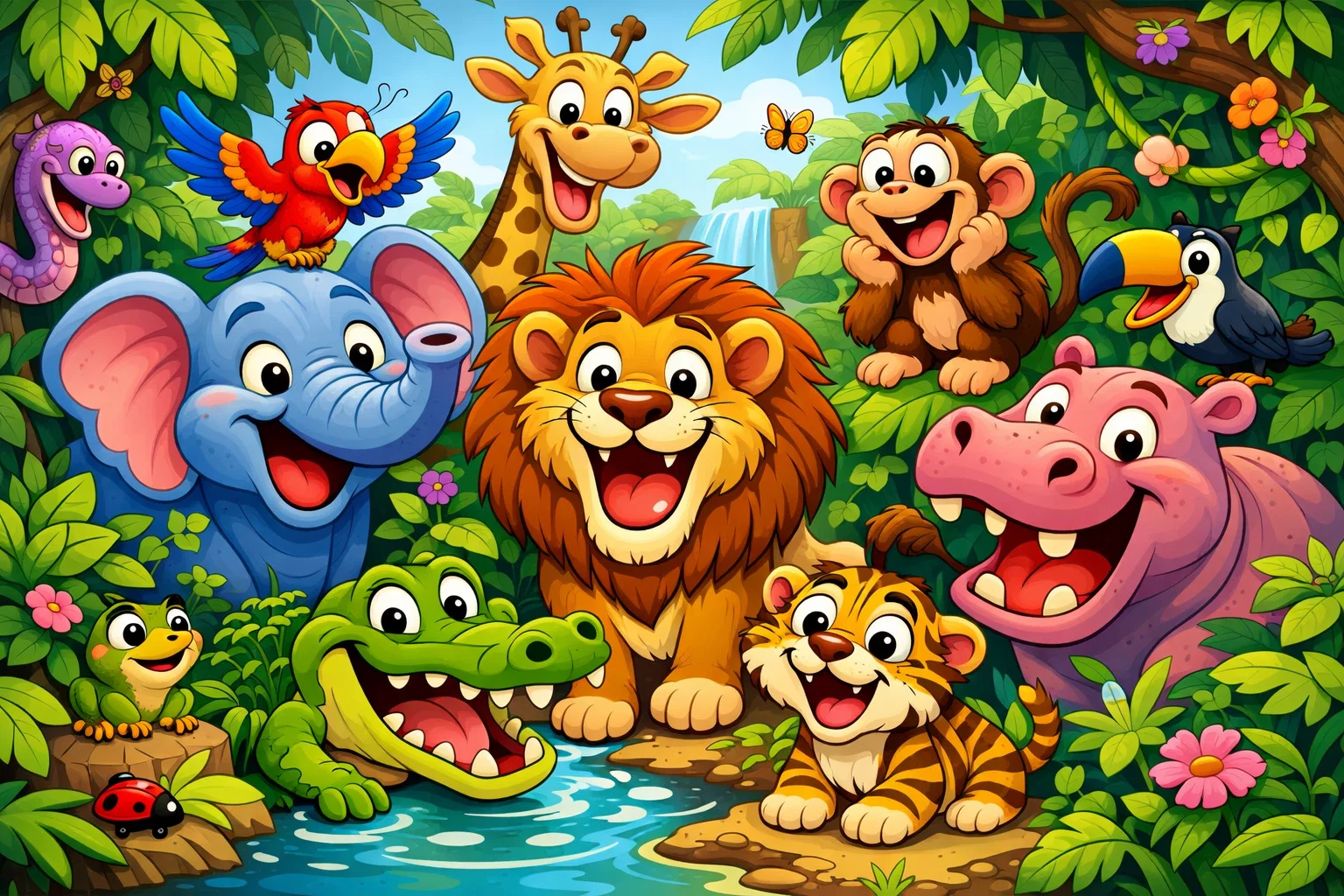 Cartoon animals in jungle in a colorful and playful setting.
