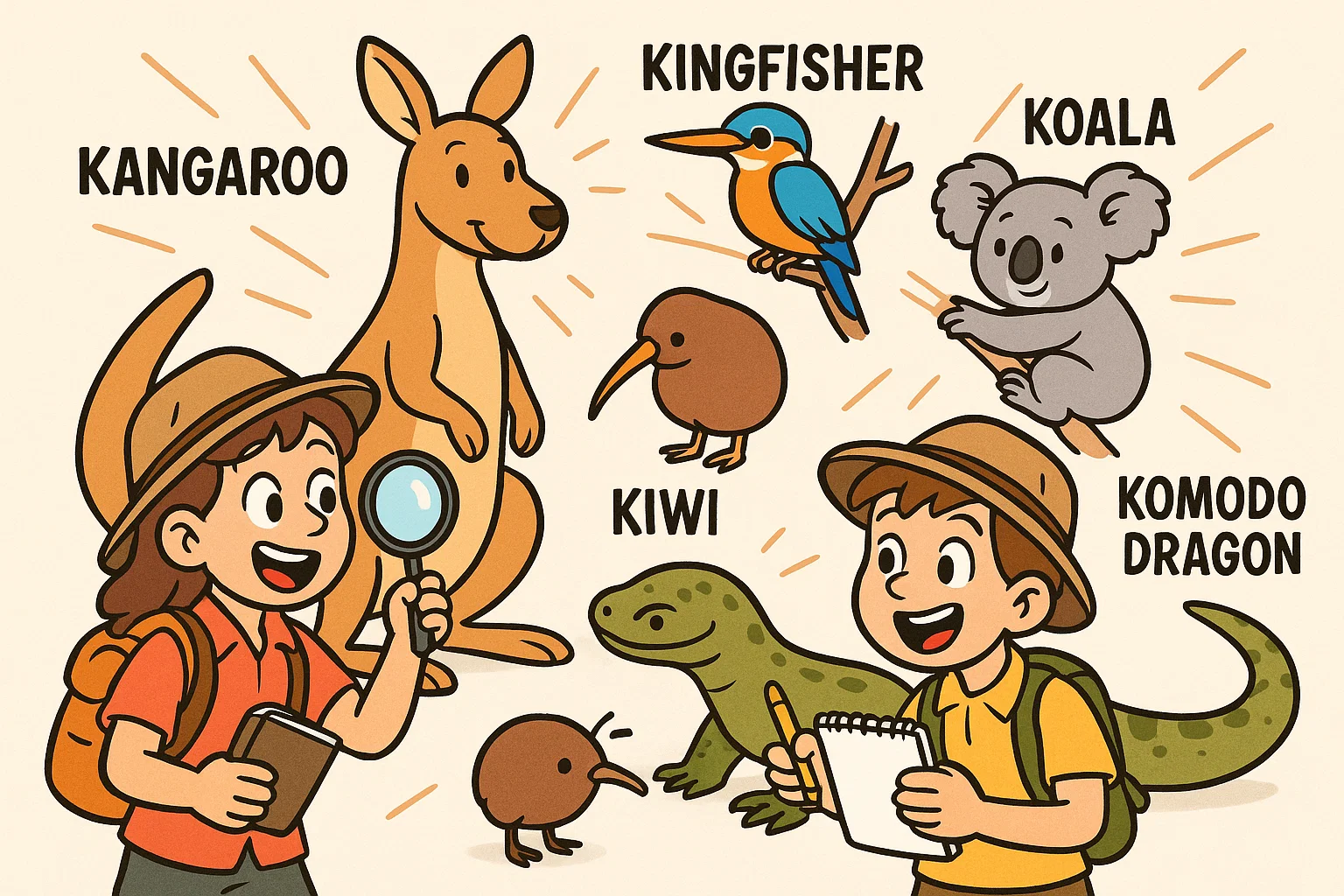 Kids exploring animals that start with k in a playful cartoon scene.
