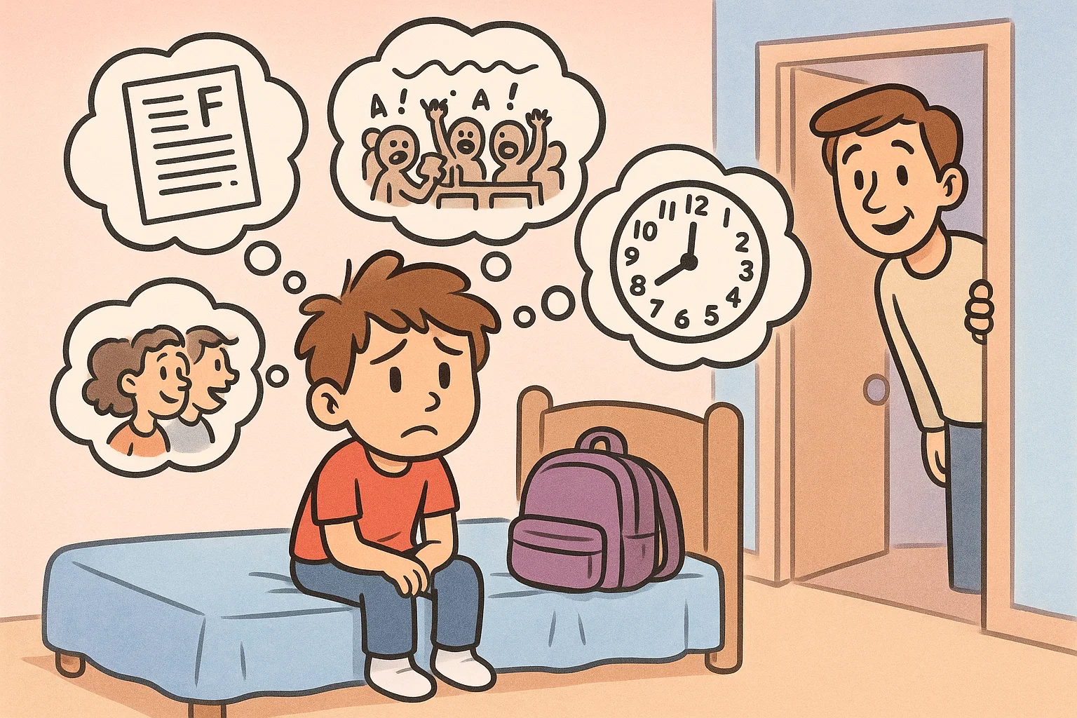 Cartoon of anxious child before school thinking about classroom stress and noise.