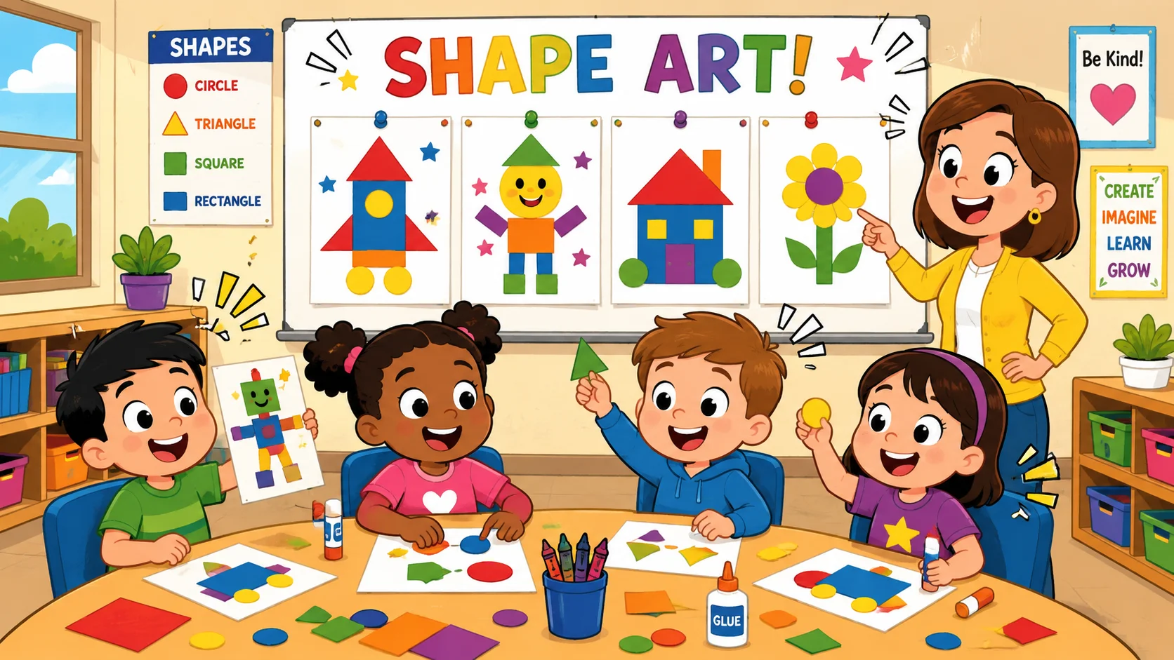 Art based shape activities in classroom with kids making colorful shape art.