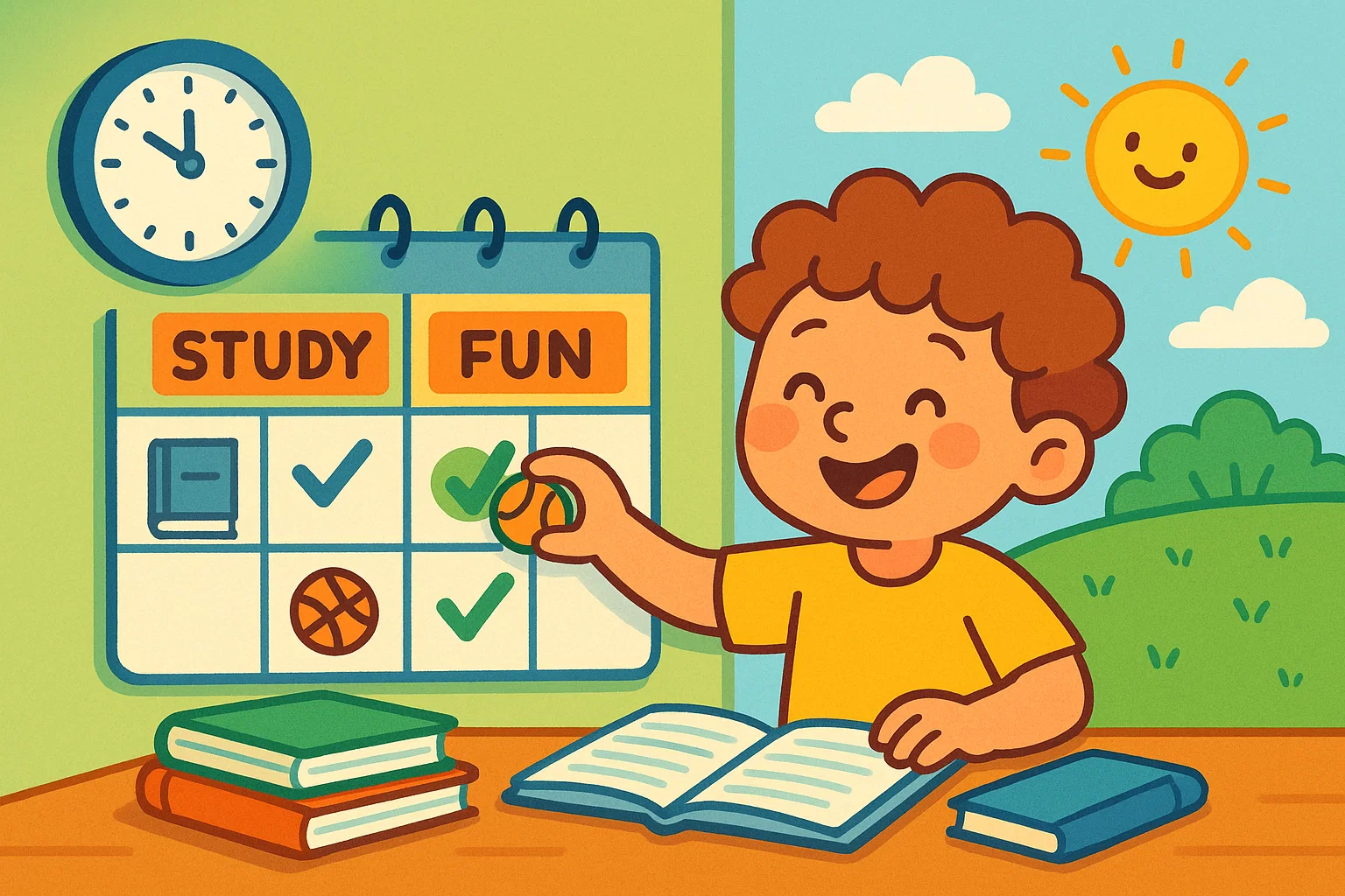 Cartoon of child creating balanced study routine with calendar and books.

