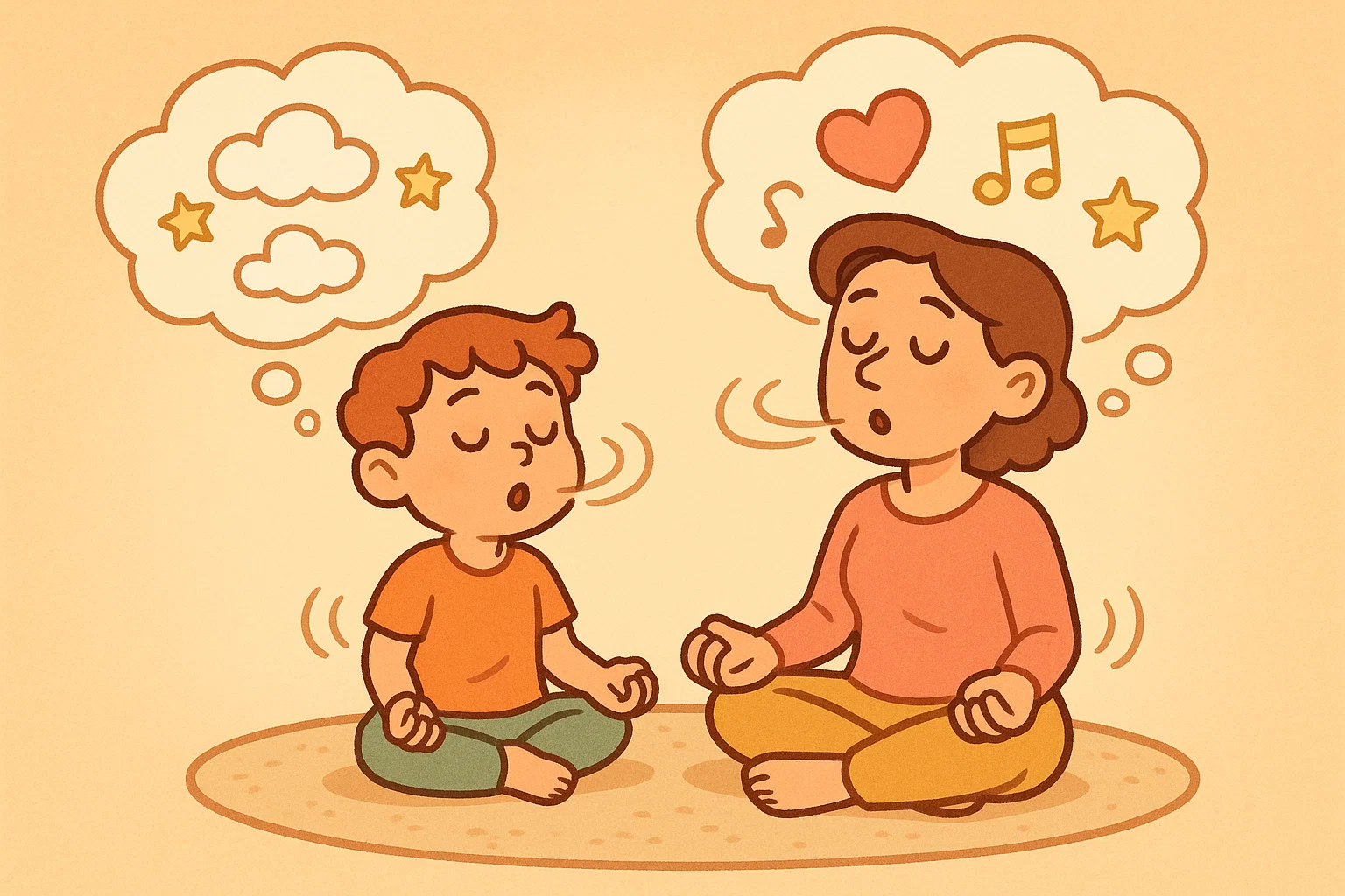 Bedtime relaxation techniques for kids with parent and child doing calming breathing.