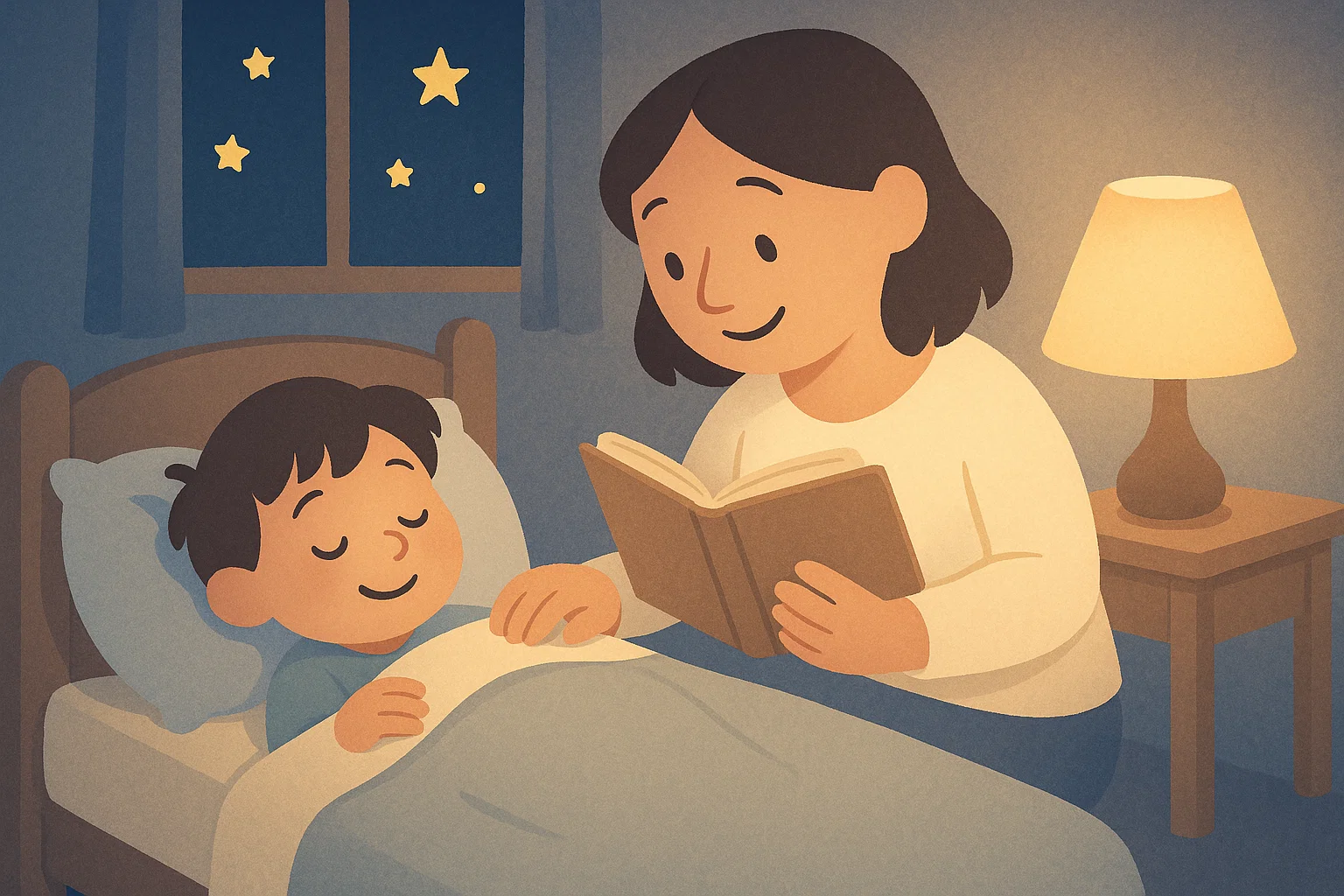 Bedtime wind down routine cartoon showing calm storytime and cozy atmosphere.