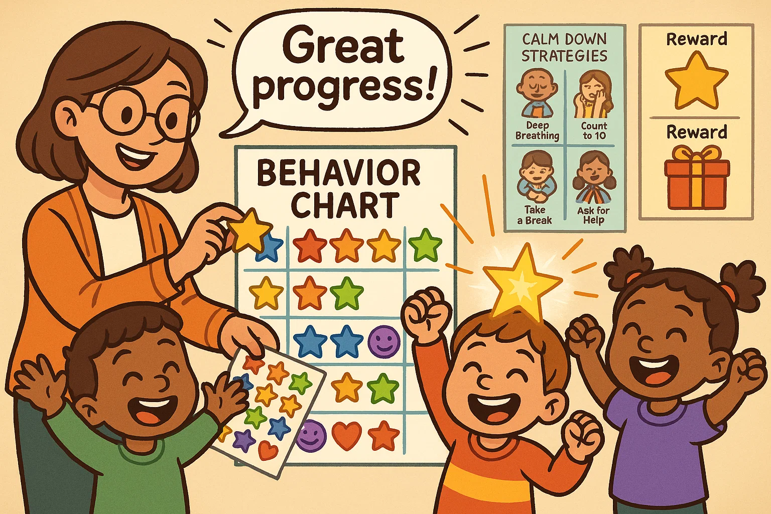 Teacher showing behaviour interventions linked to expectations with stars and reward chart.