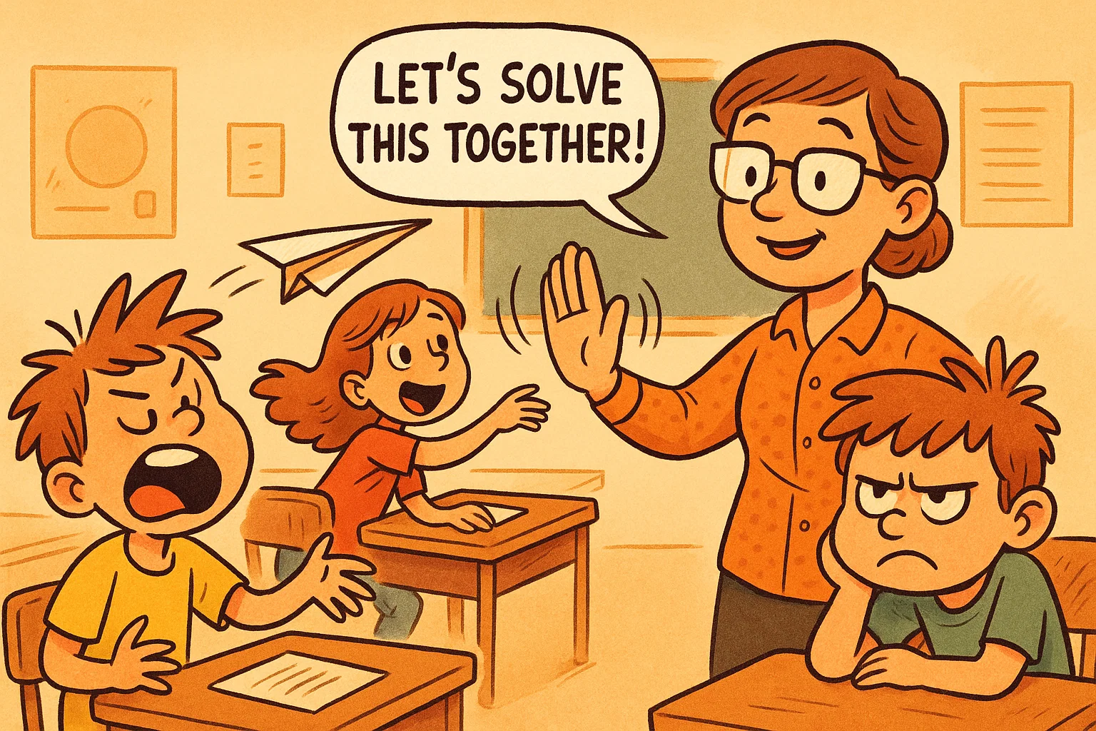 Cartoon scene of behaviour management challenging situations with a teacher guiding students.
