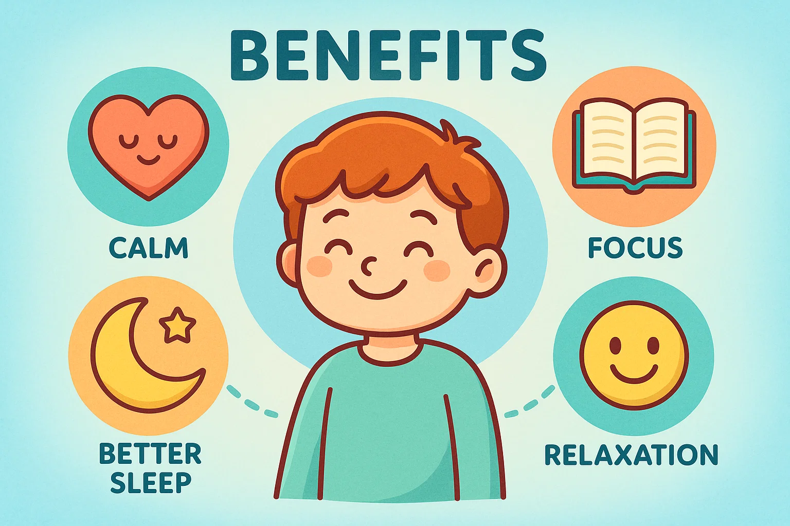 Cartoon infographic showing benefits of calming breathing for children.