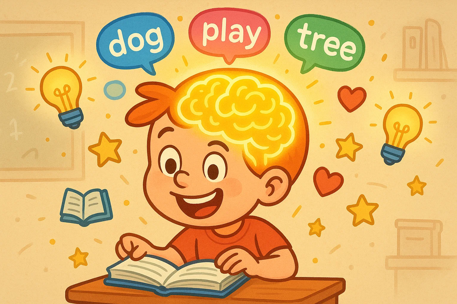 Benefits of easy spelling practice kids cartoon with floating word bubbles.