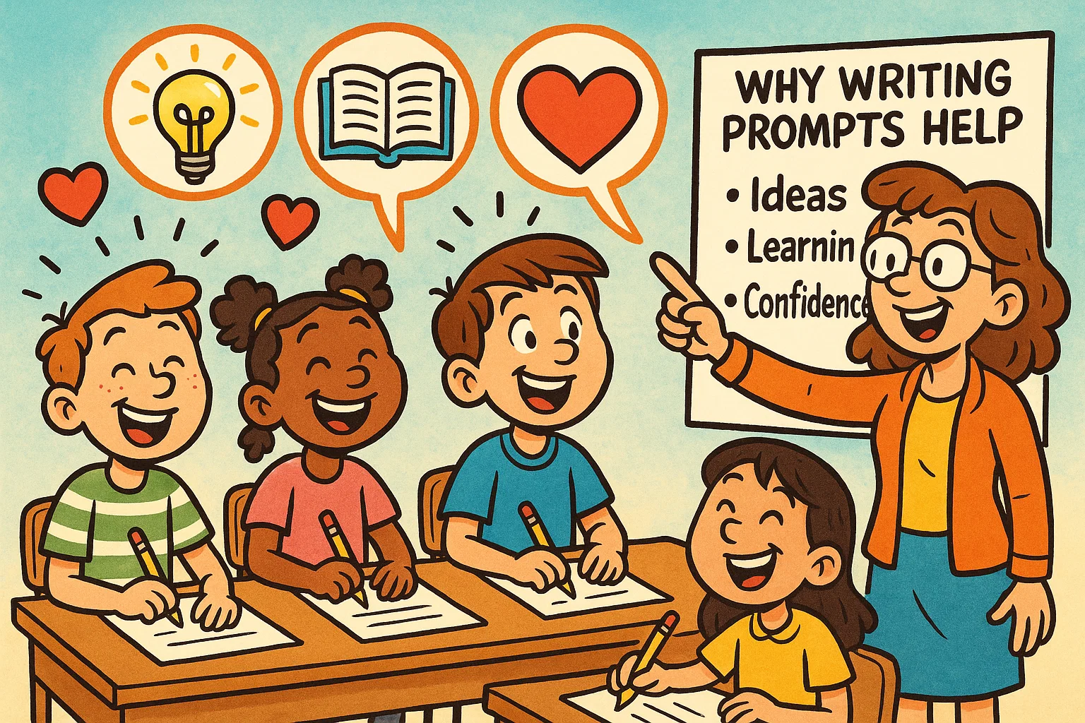 Students discovering benefits of fourth grade writing prompts in class.