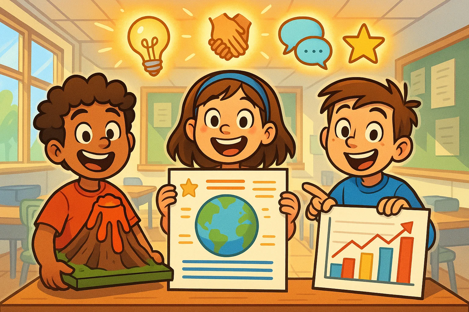 Happy students show projects demonstrating benefits of inquiry based learning.