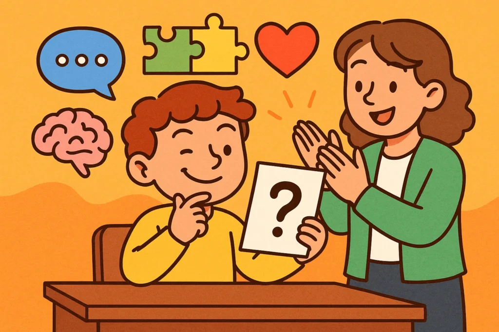 Cartoon showing benefits of riddles for 5 year olds including learning and creativity.
