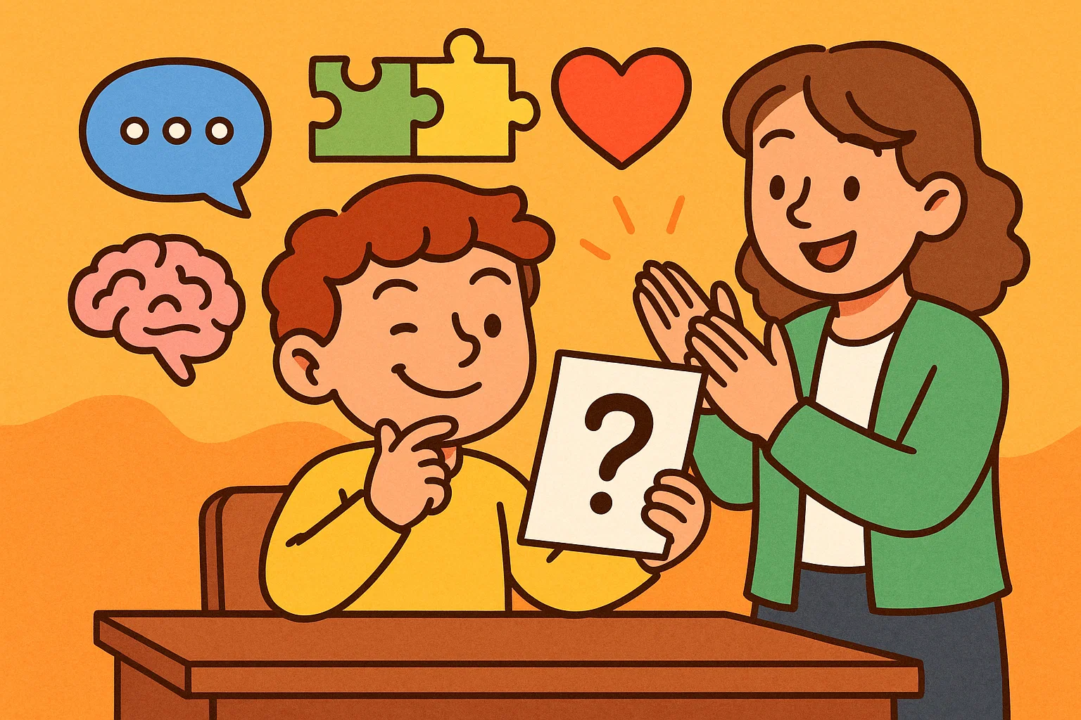 Cartoon showing benefits of riddles for 5 year olds including learning and creativity.