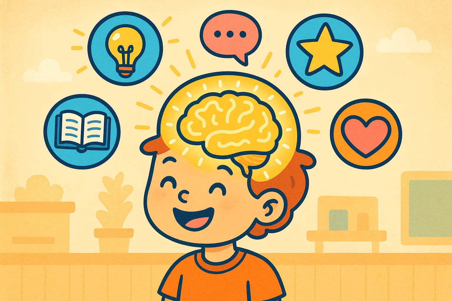 Preschooler learning benefits of riddles for kids with brain development icons.