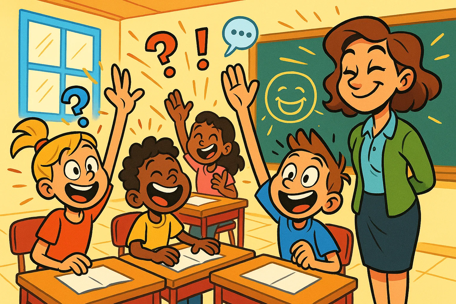  Students sharing fun classroom jokes with a smiling teacher in a colorful cartoon scene.