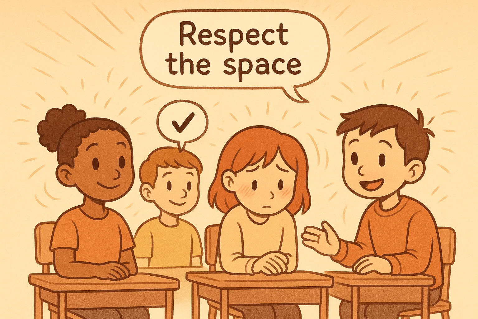 Cartoon showing body language silence classroom etiquette with calm student behavior.