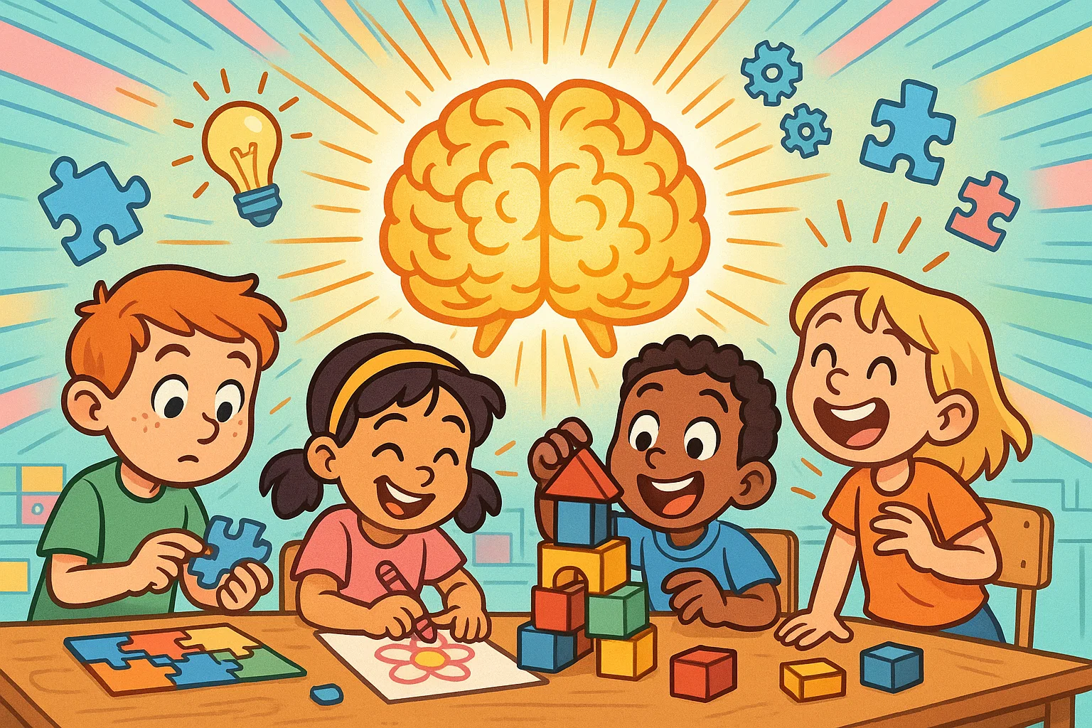 Children doing fun brain activities and games to improve focus, memory, and creativity.