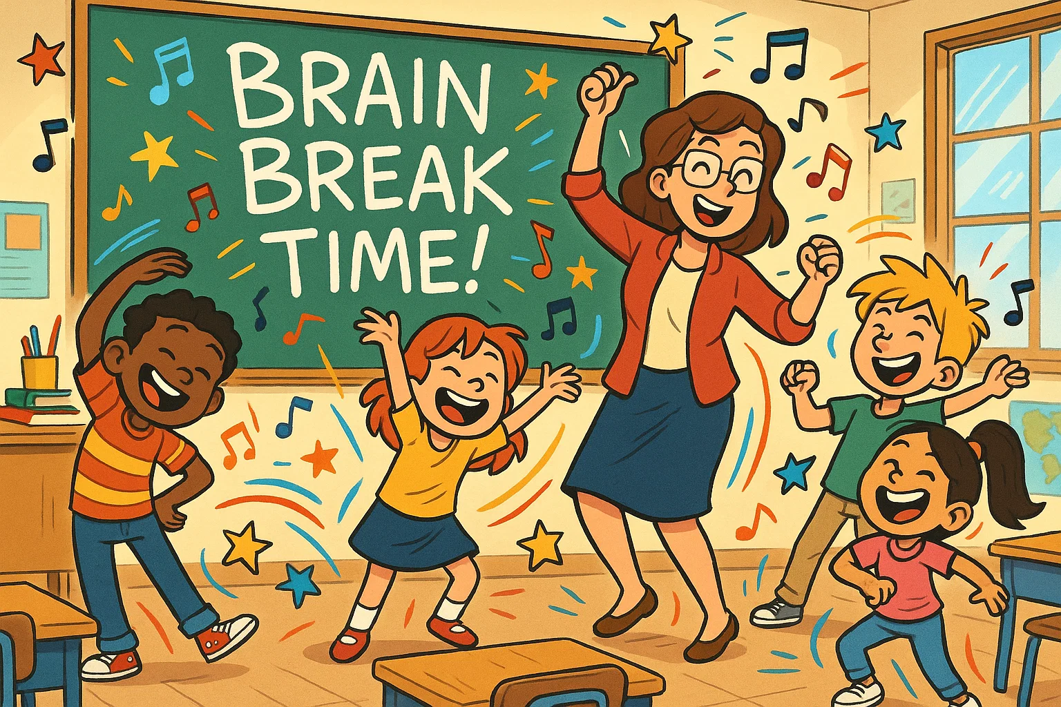 Kids taking a brain break with fun classroom stretching and dancing activities.
