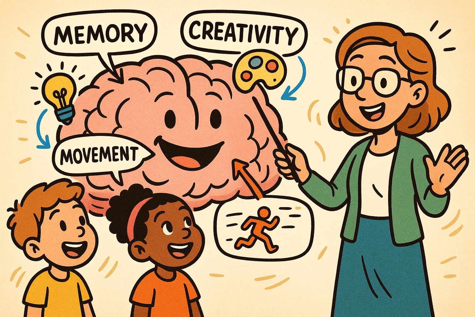 Teacher explaining brain function to kids with a colorful diagram of brain parts. 
