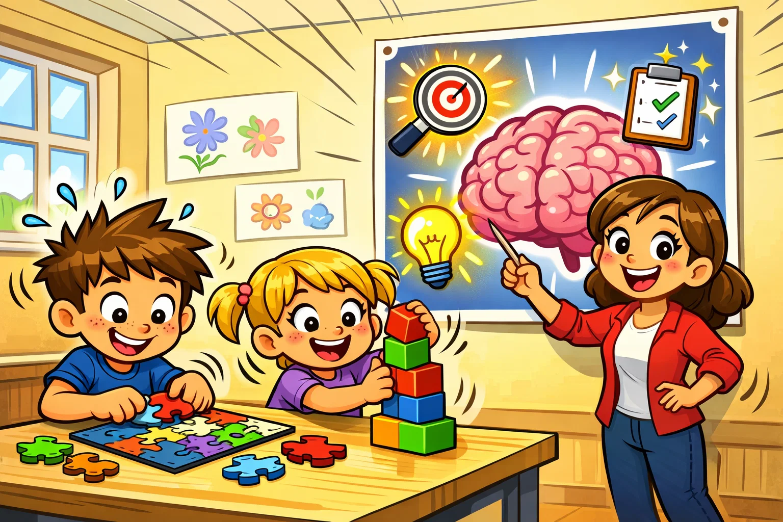 Brain science fun brain activities for kids in a playful classroom scene.
