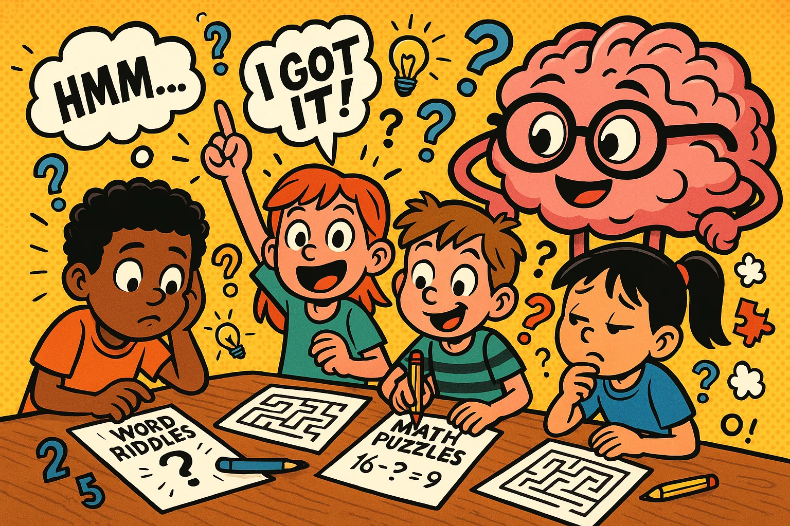  Kids solving fun brain teasers and puzzles that train logic and problem-solving.
