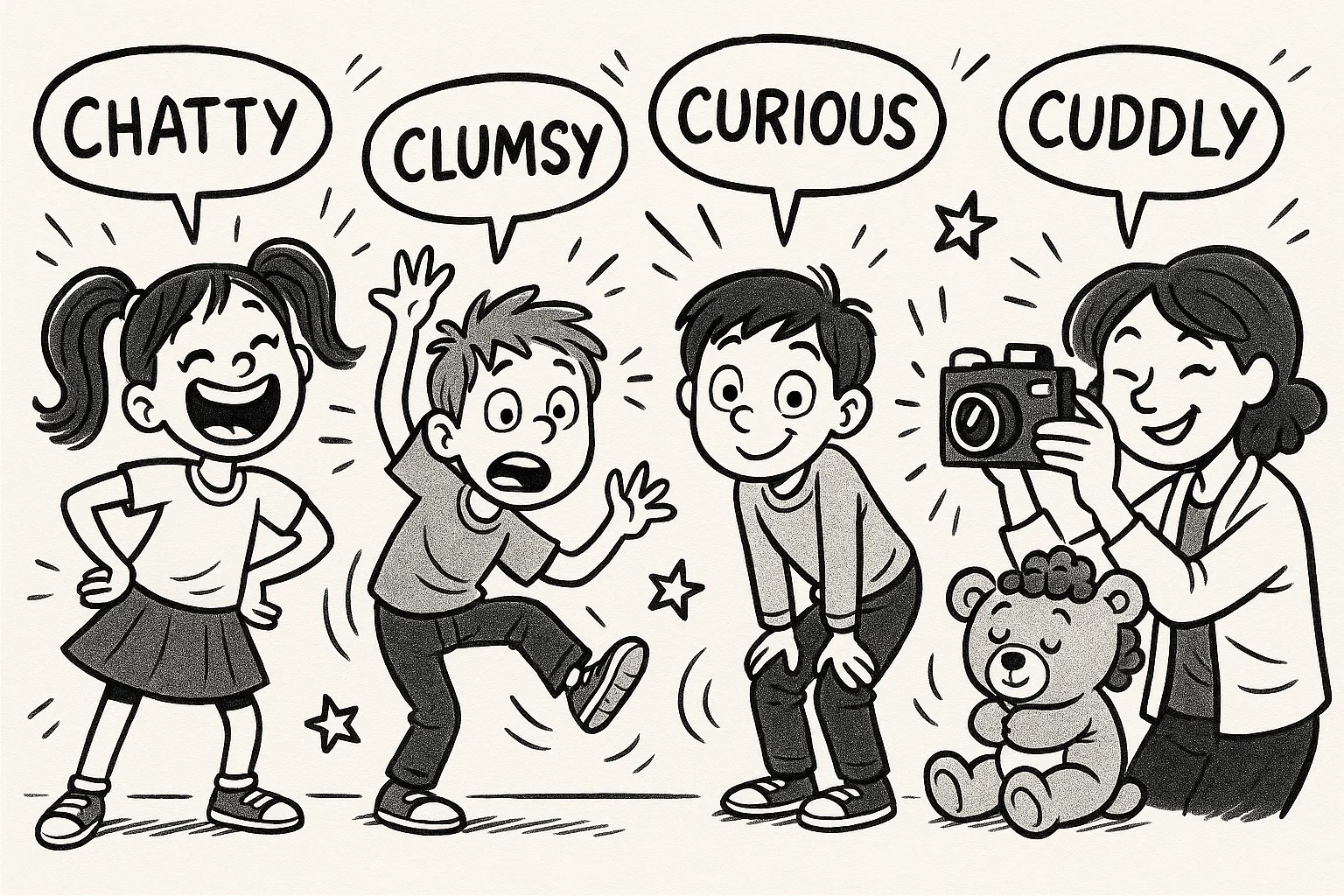 Kids pose with c words describing someone silly labels in a fun cartoon style.