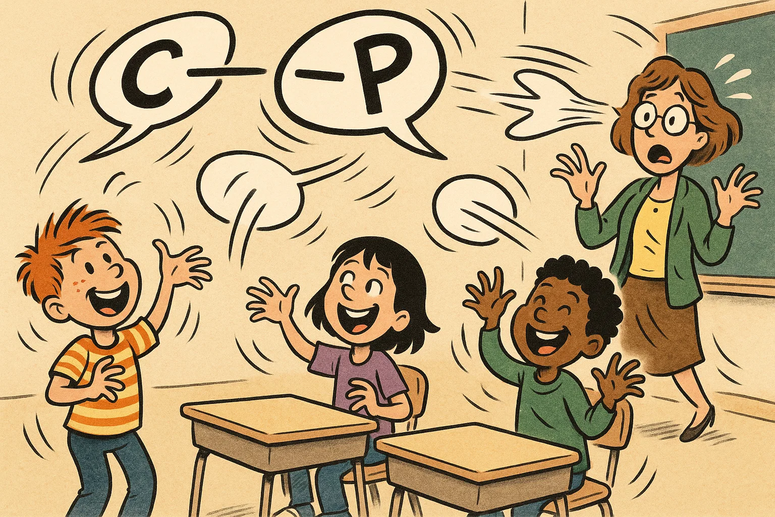 Students toss c words ending in p funny balloons in playful classroom scene.