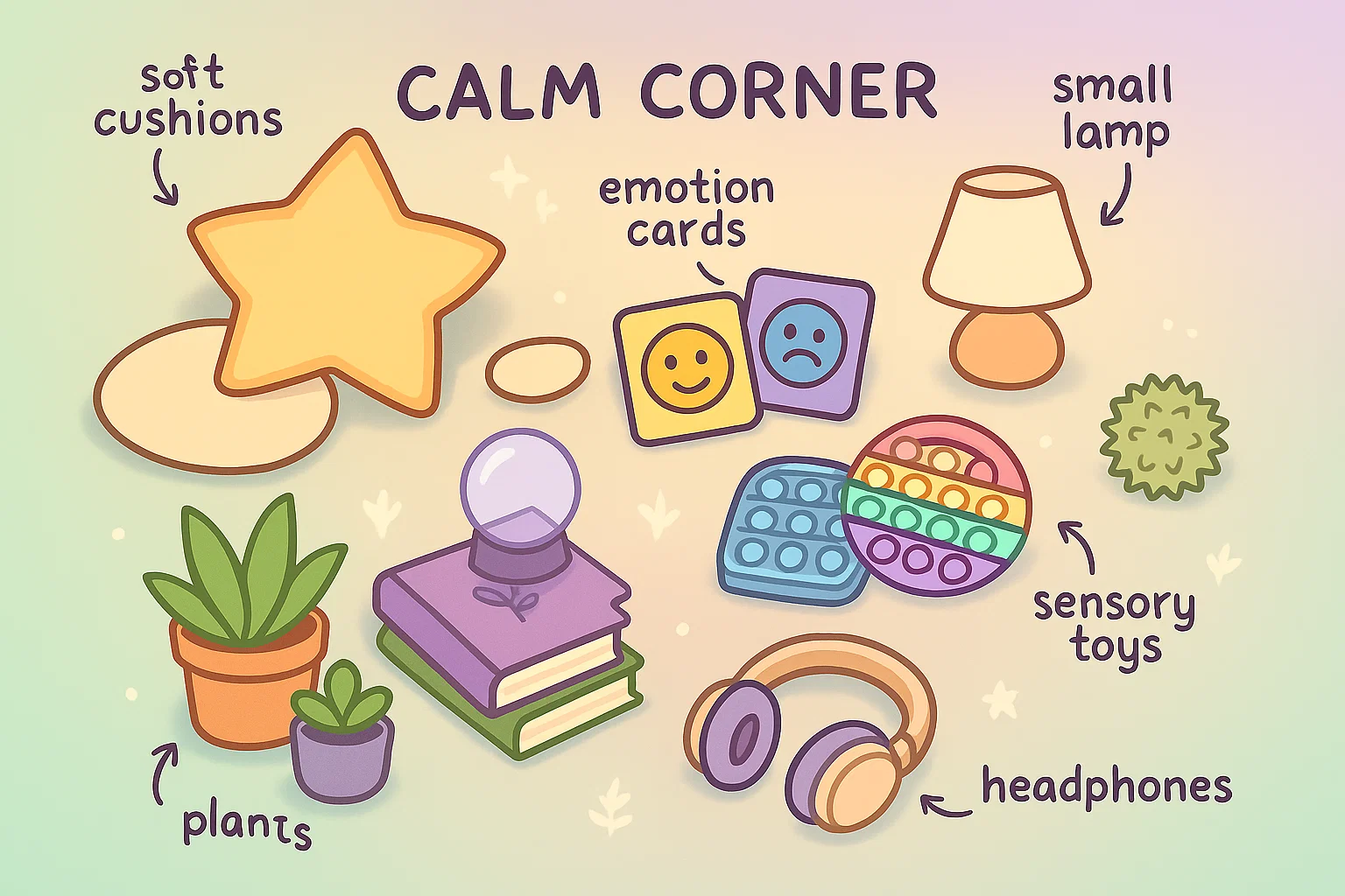 Cartoon showing calm corner essentials like cushions, books, and sensory toys.
